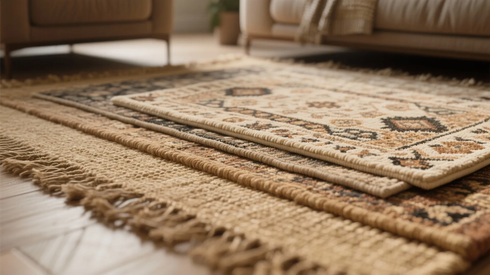 Close up of layered rugs on wooden floor with different patterns and textures in a room