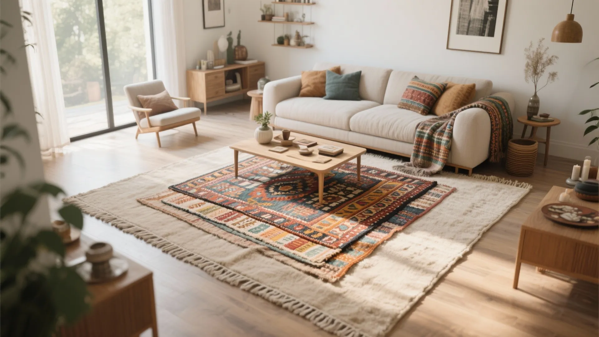 Layered rugs to define areas