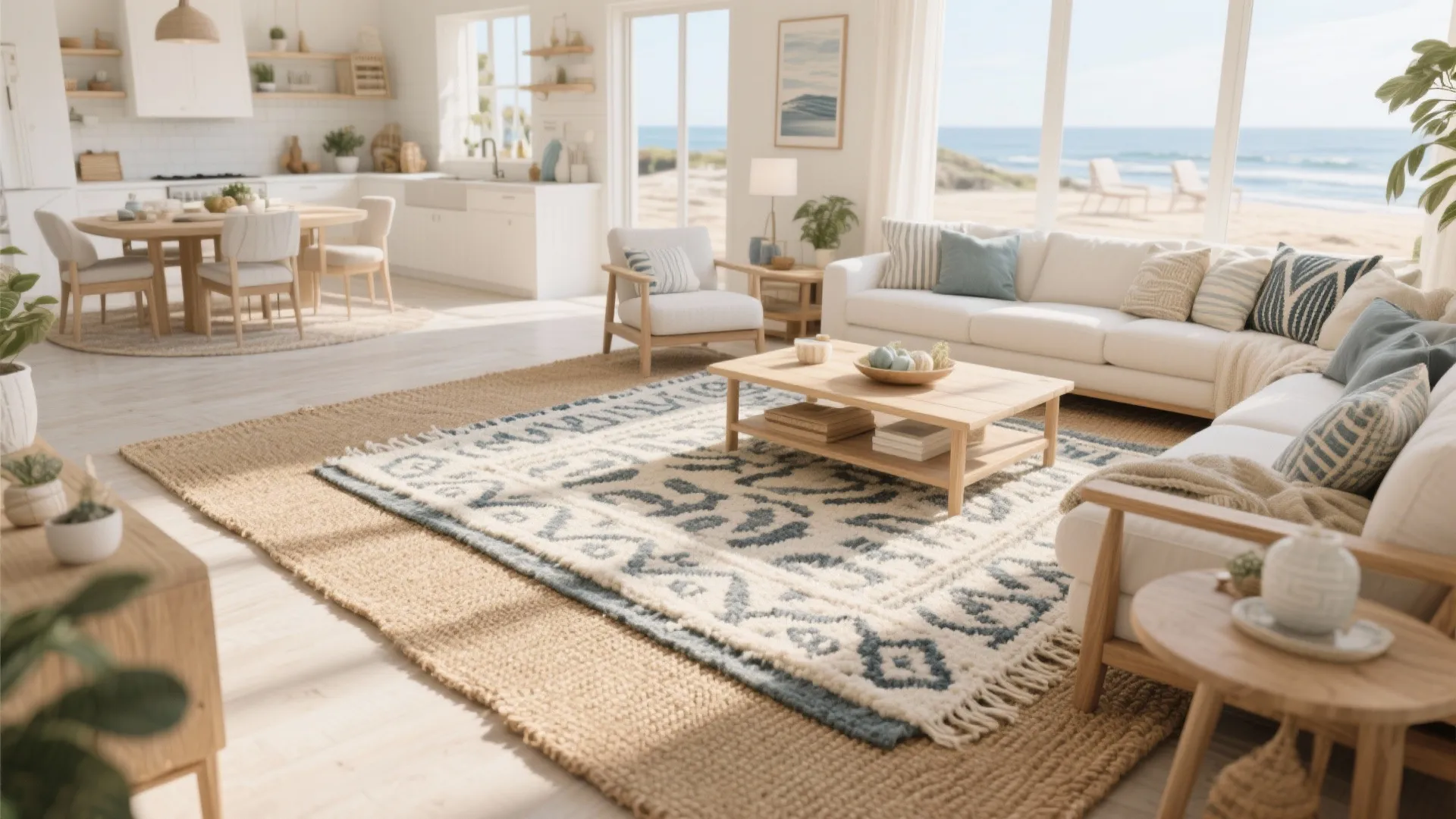 Open-plan living room with jute and patterned wool layered rugs