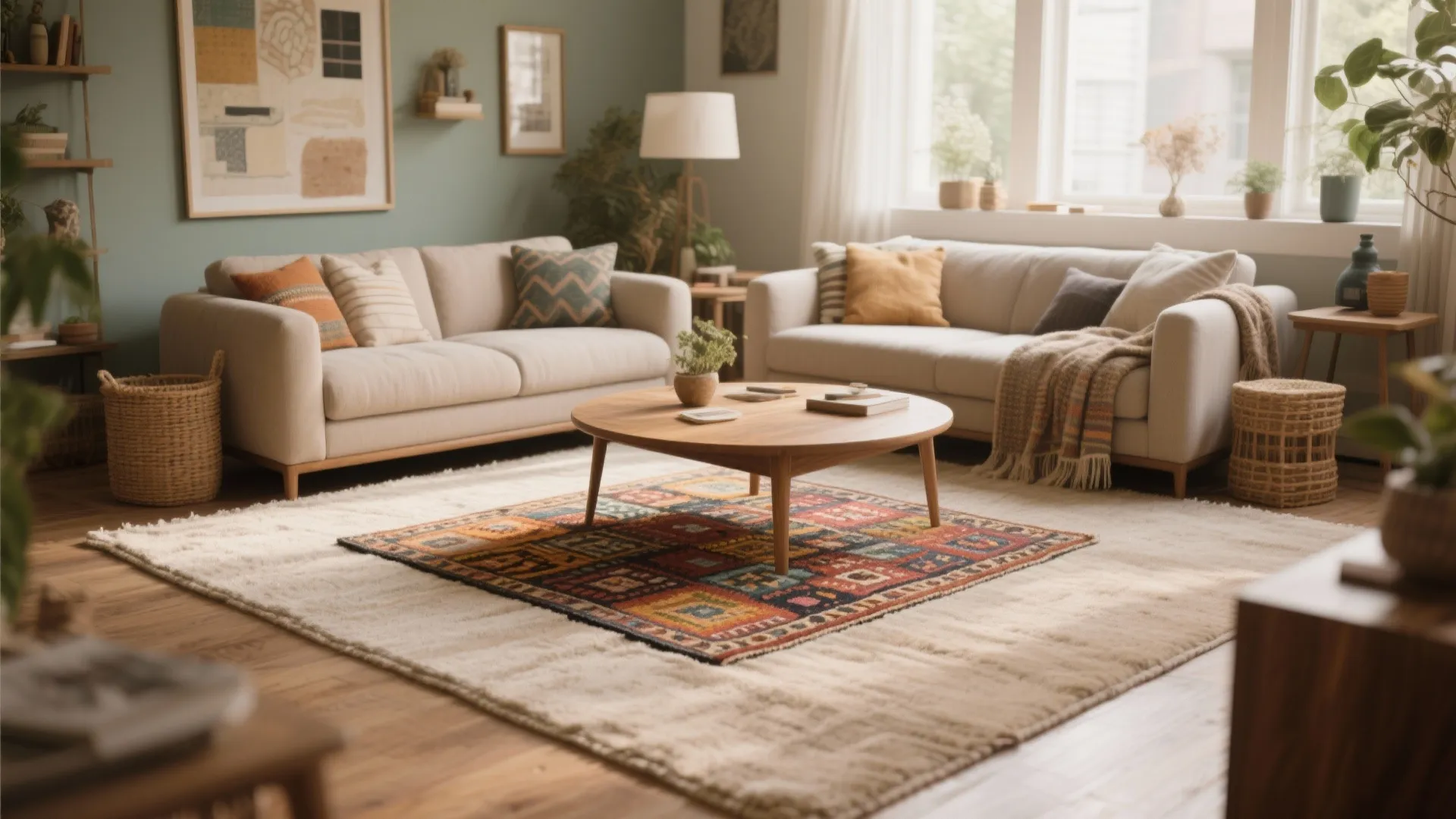 Layered rugs with a coffee table in a cozy living space
