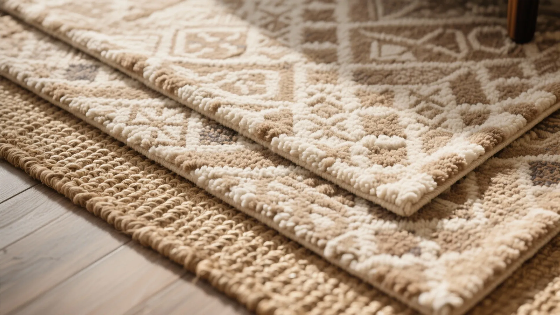 Close up of layered patterned rugs on a wooden floor with soft sunlight and shadows