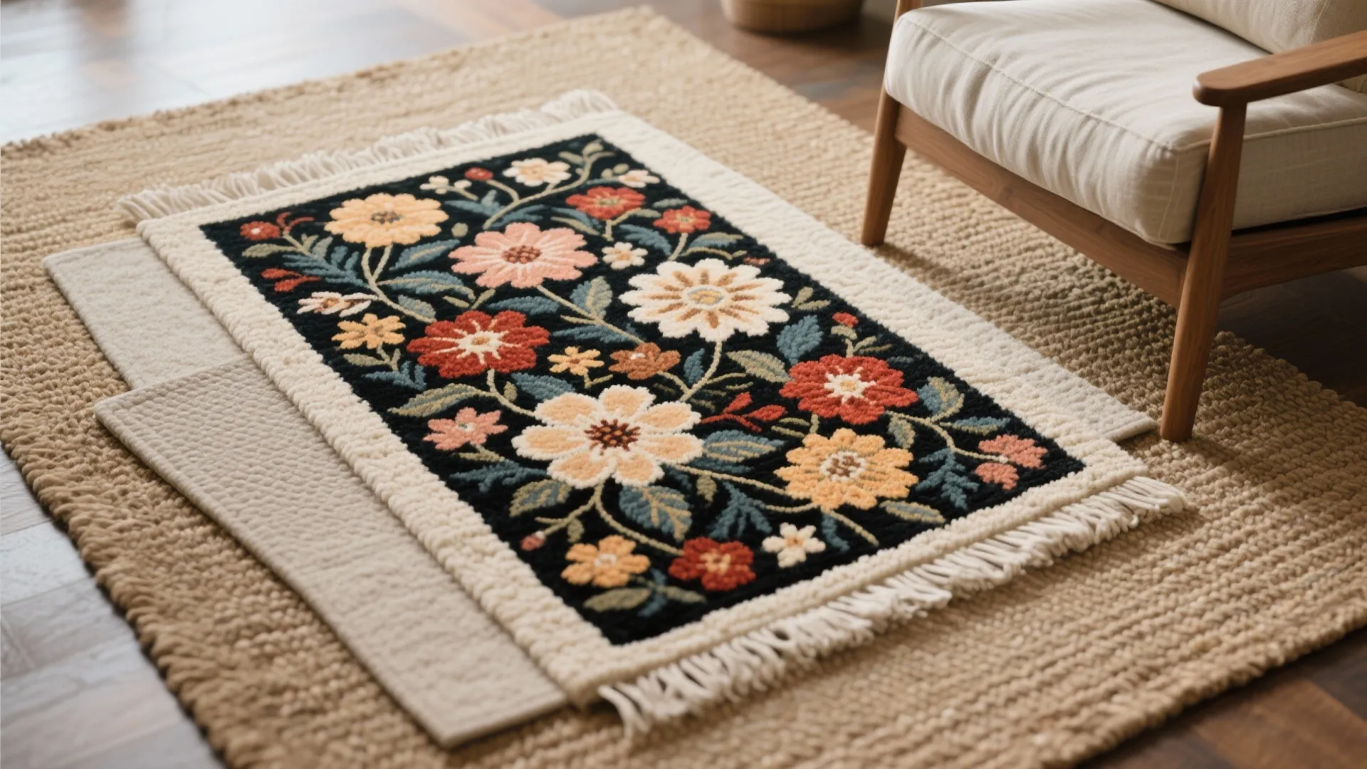 2. Layer it over a larger neutral rug for texture