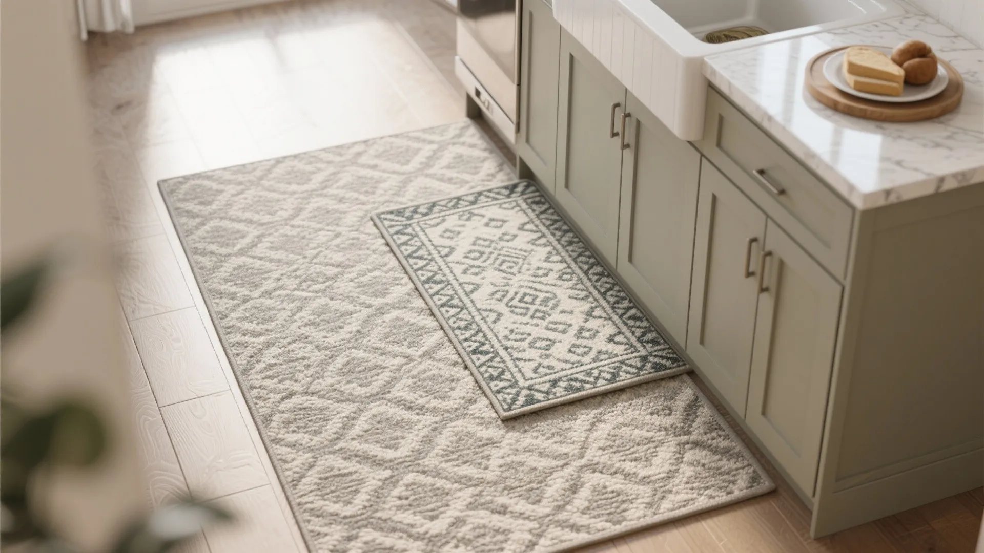 Small patterned rug layered on a larger beige rug inside kitchen with light green cabinets