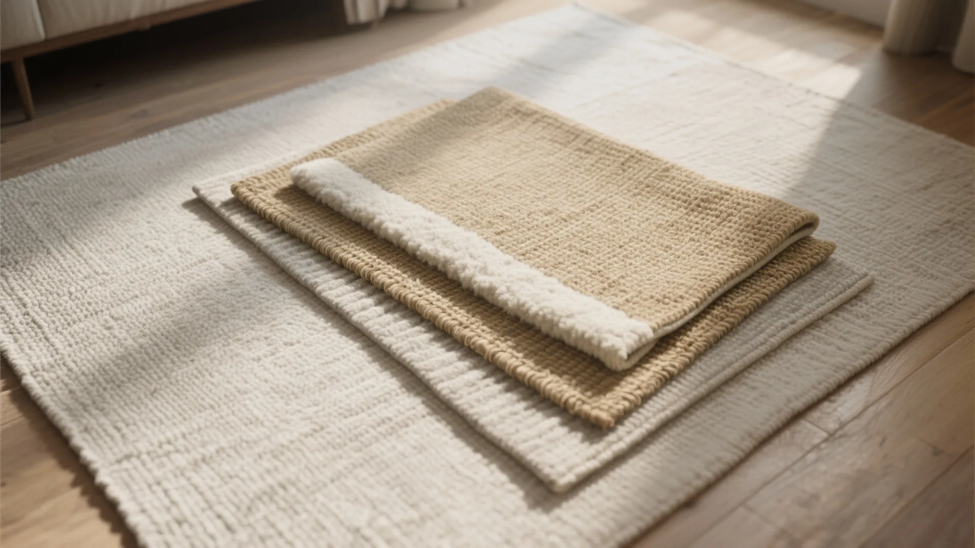 Top-down view of a neutral flatweave rug layered with a smaller natural-fiber rug showing texture and scale without bulk.