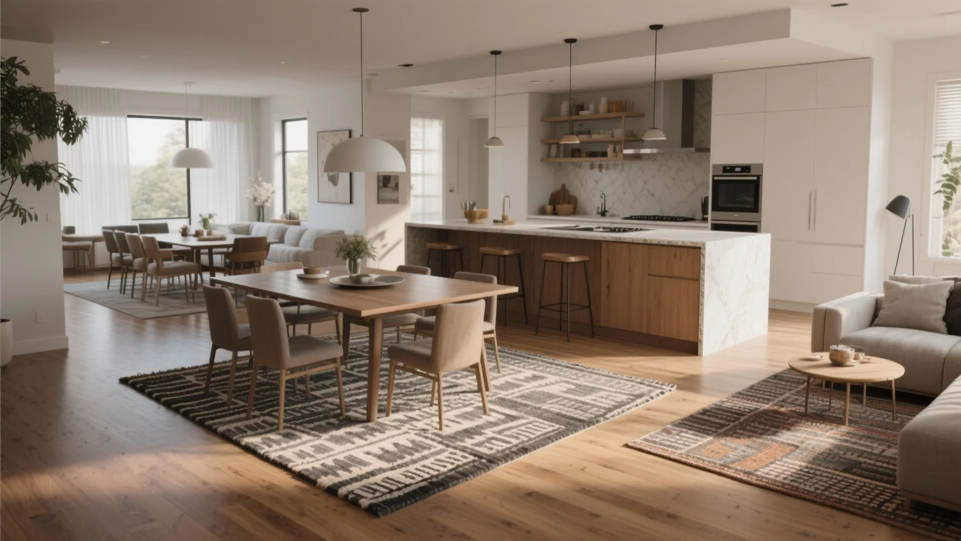 Large open plan living area with multiple patterned rugs on wood floors and modern furniture