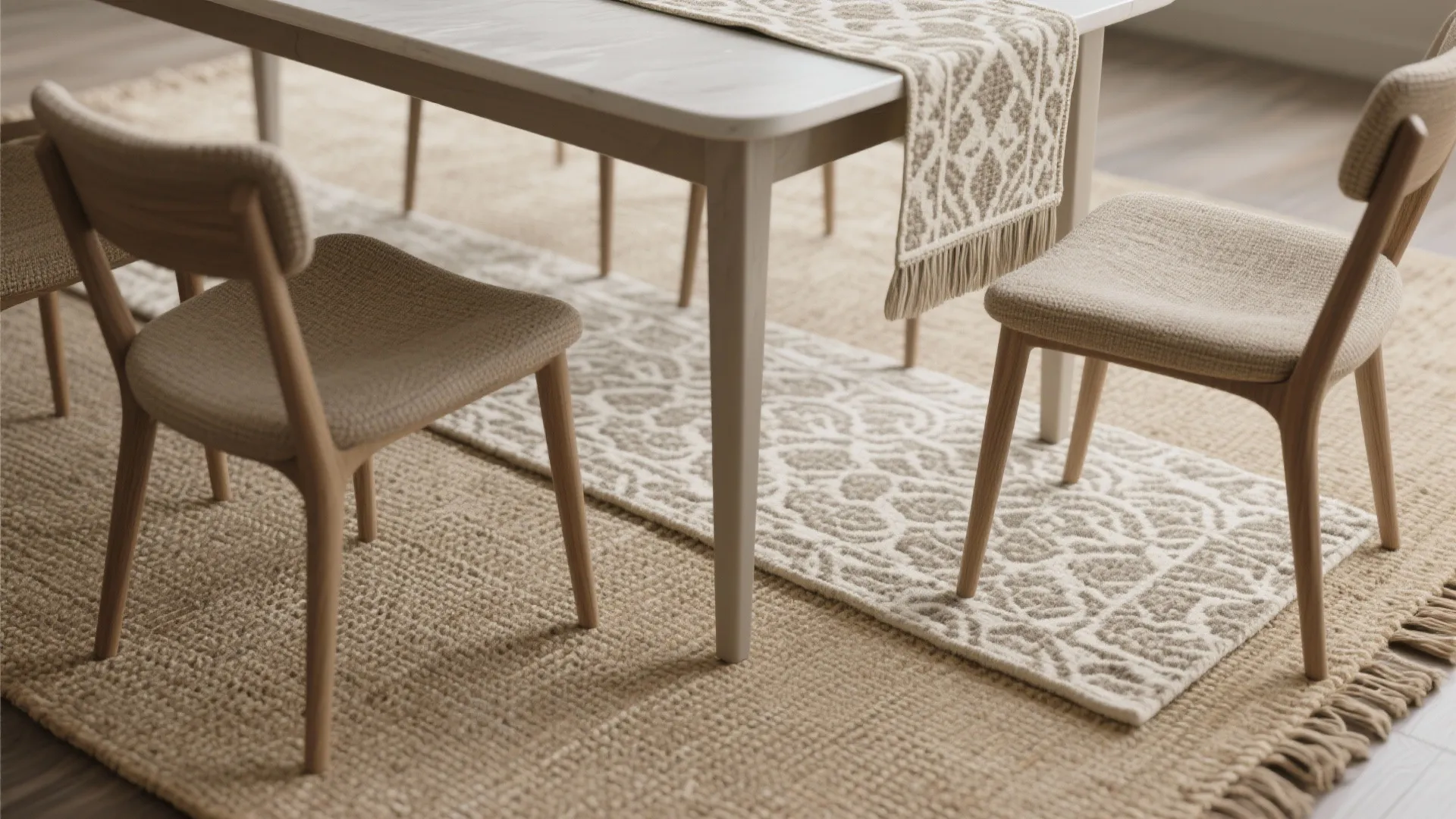 4. Define the dining area with layered rugs