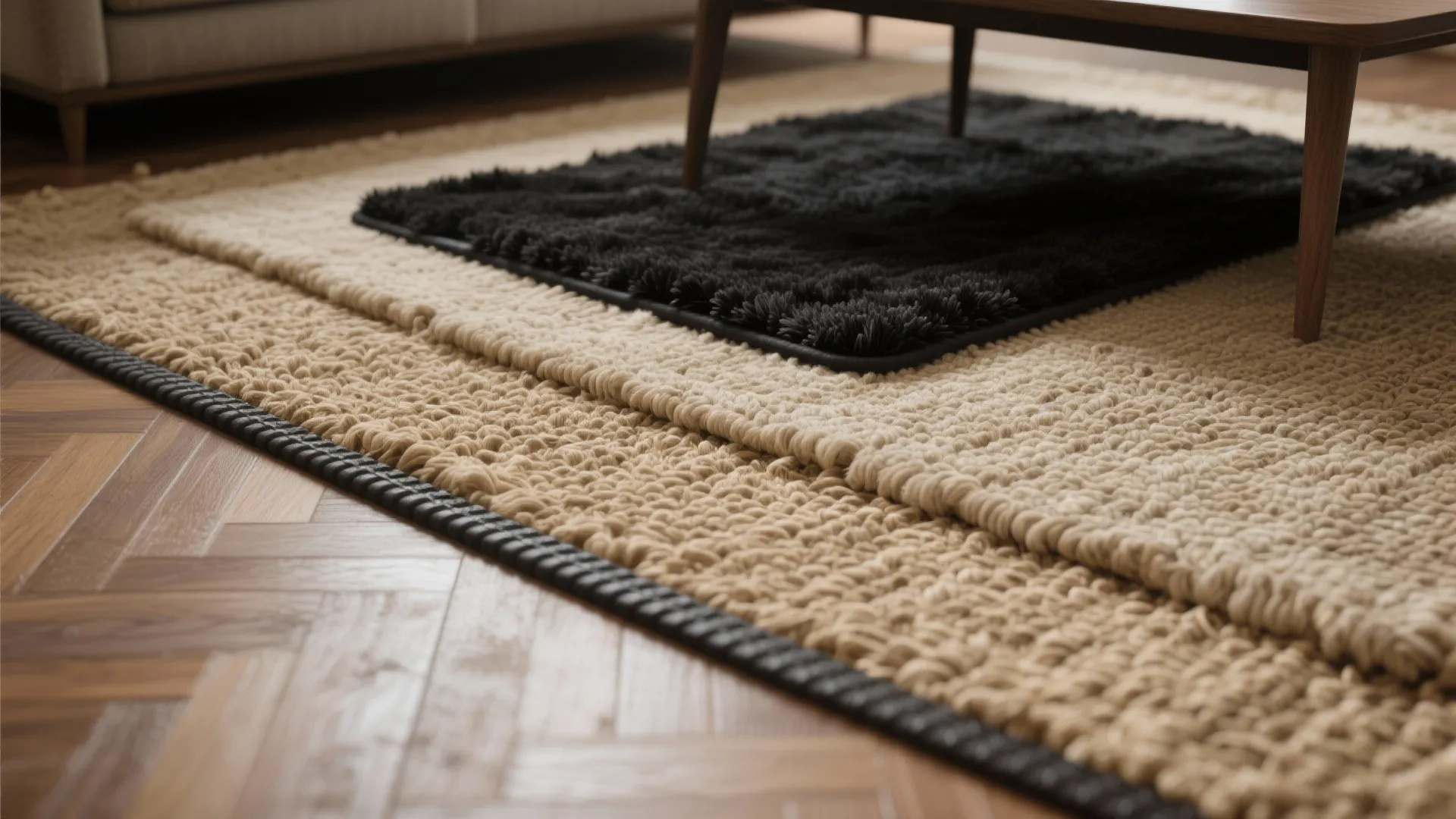 2. Layer a textured beige rug under a smaller black rug