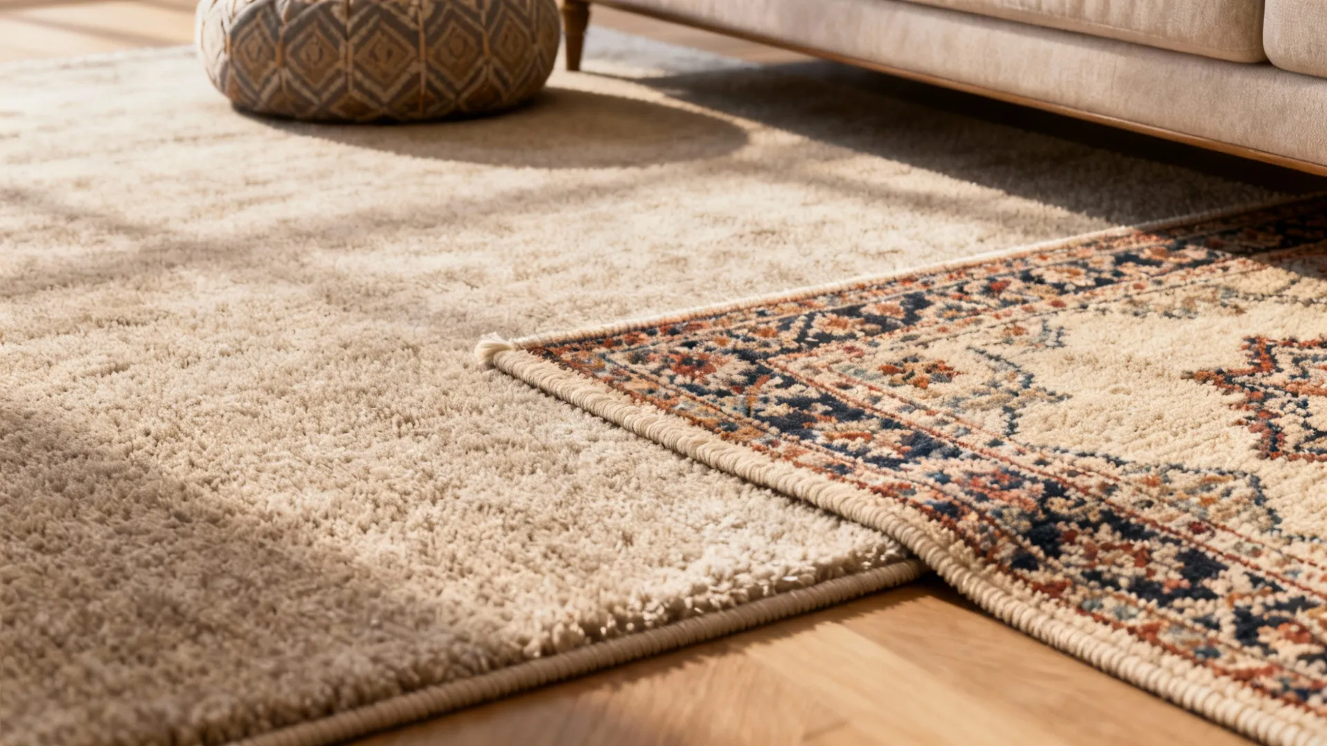 Close-up of a patterned rug layered over a larger neutral rug showing texture and edges aligned.