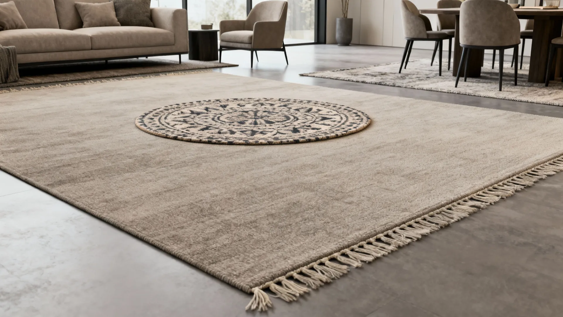 Layered round rug over a rectangular base creating visual zones in an open-plan living room.