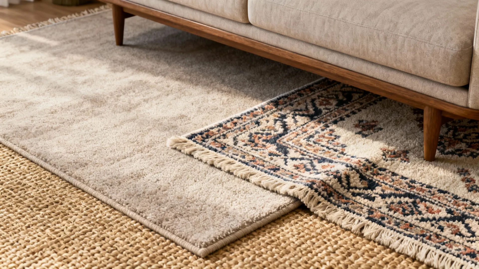 Close up of three different rugs layered together under a wooden sofa on wood flooring