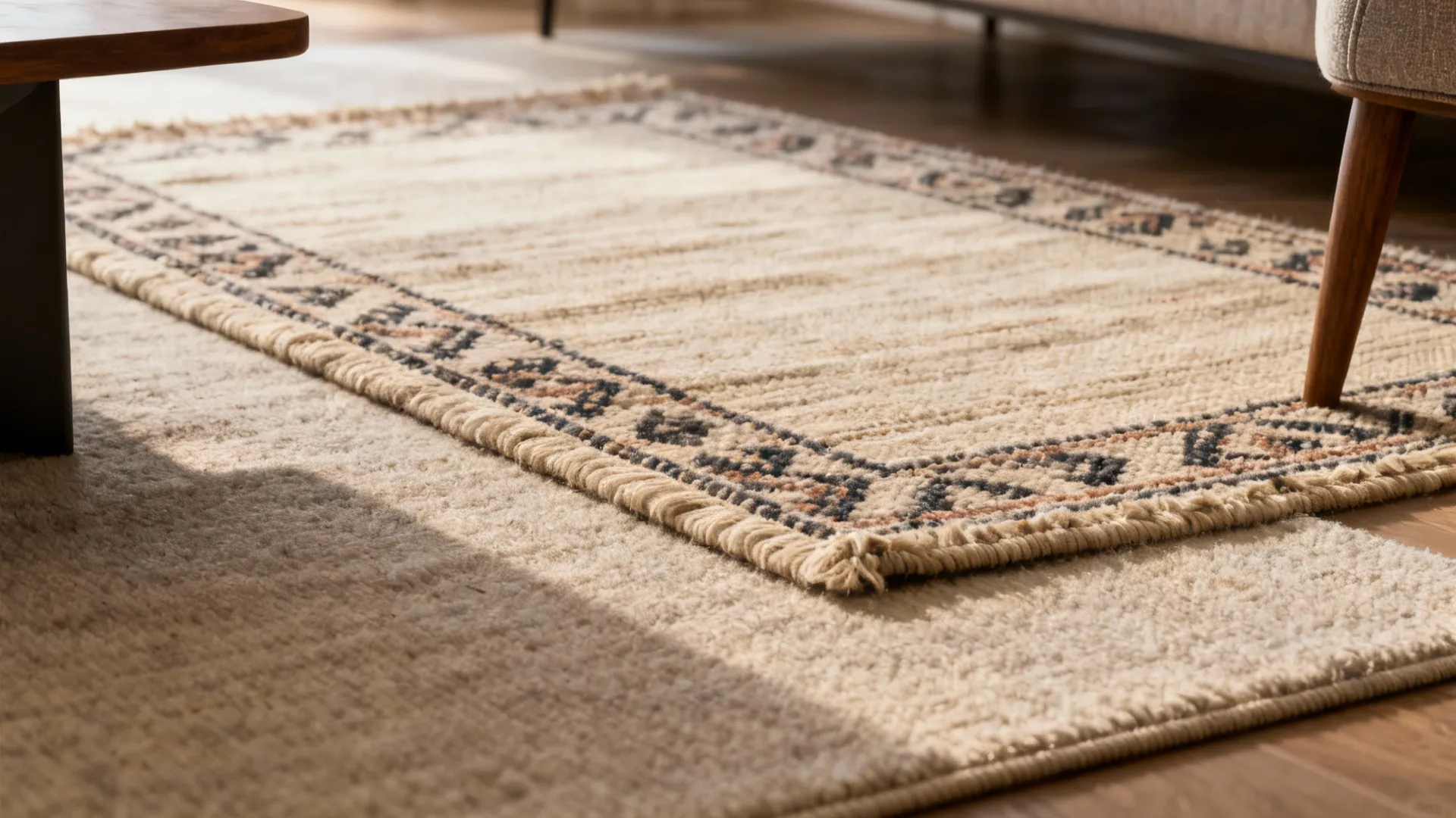Close up of layered rugs with decorative patterns and tassels on a light wooden floor