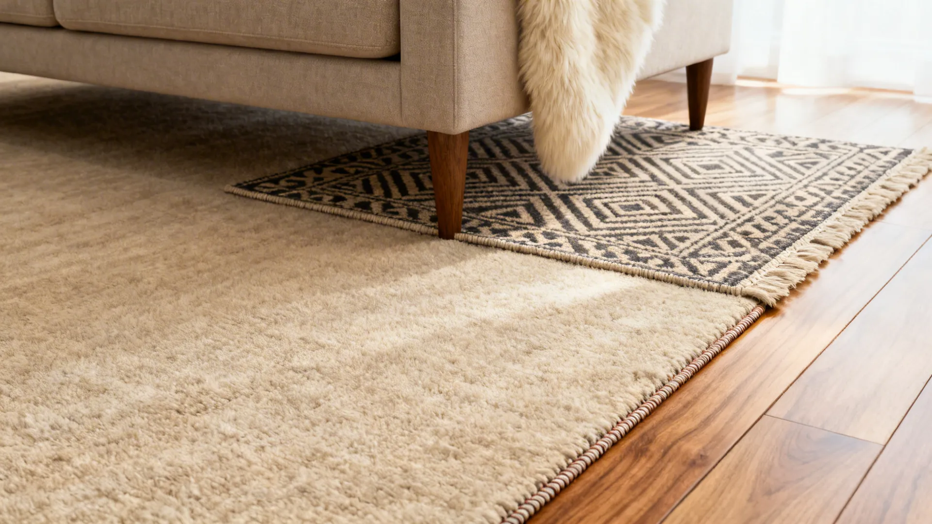 Layered rugs showing a large neutral base with a smaller patterned rug for depth and personality.
