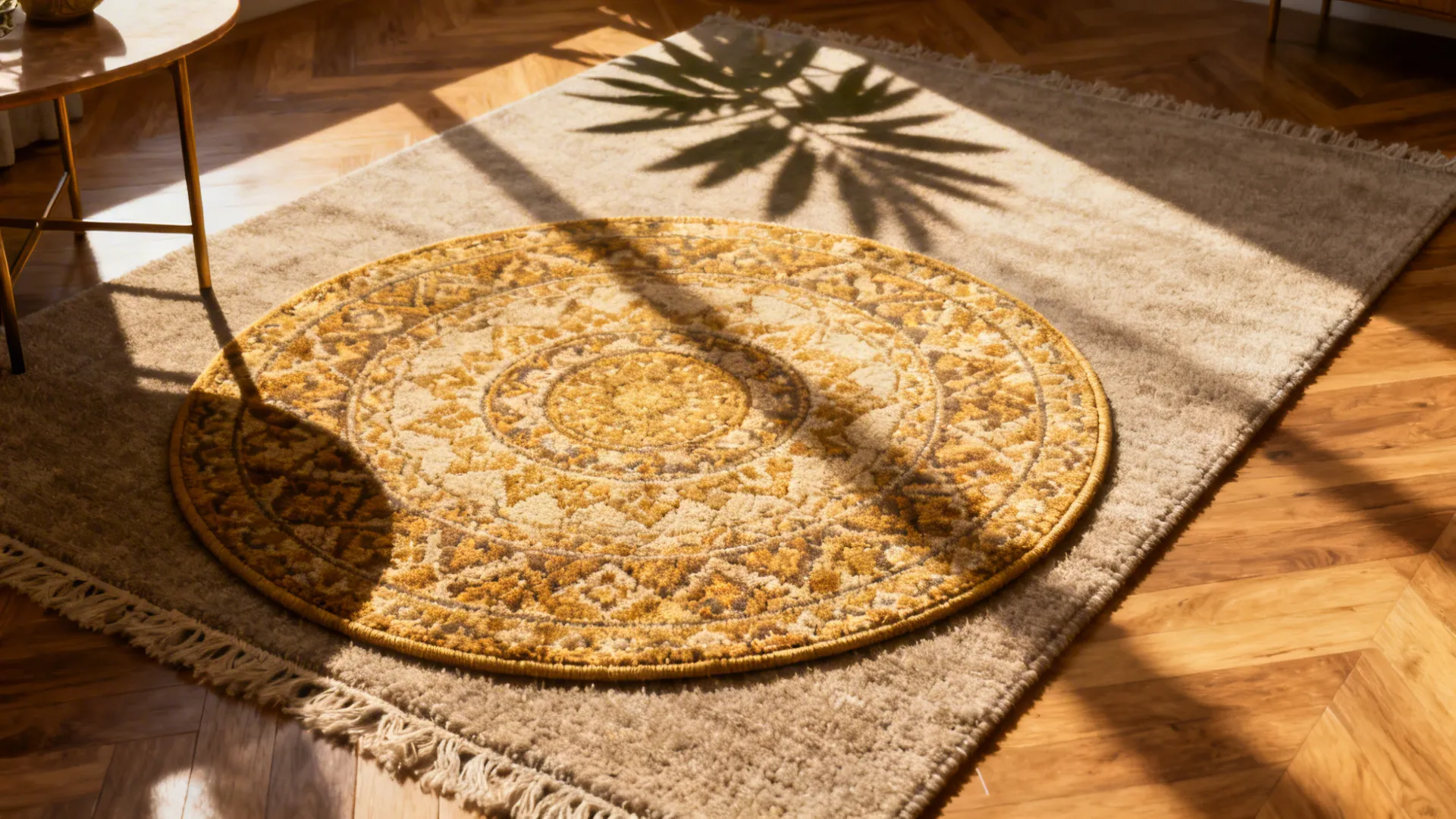 Layered rugs: a patterned round rug over a larger neutral rectangular rug on wood floor.