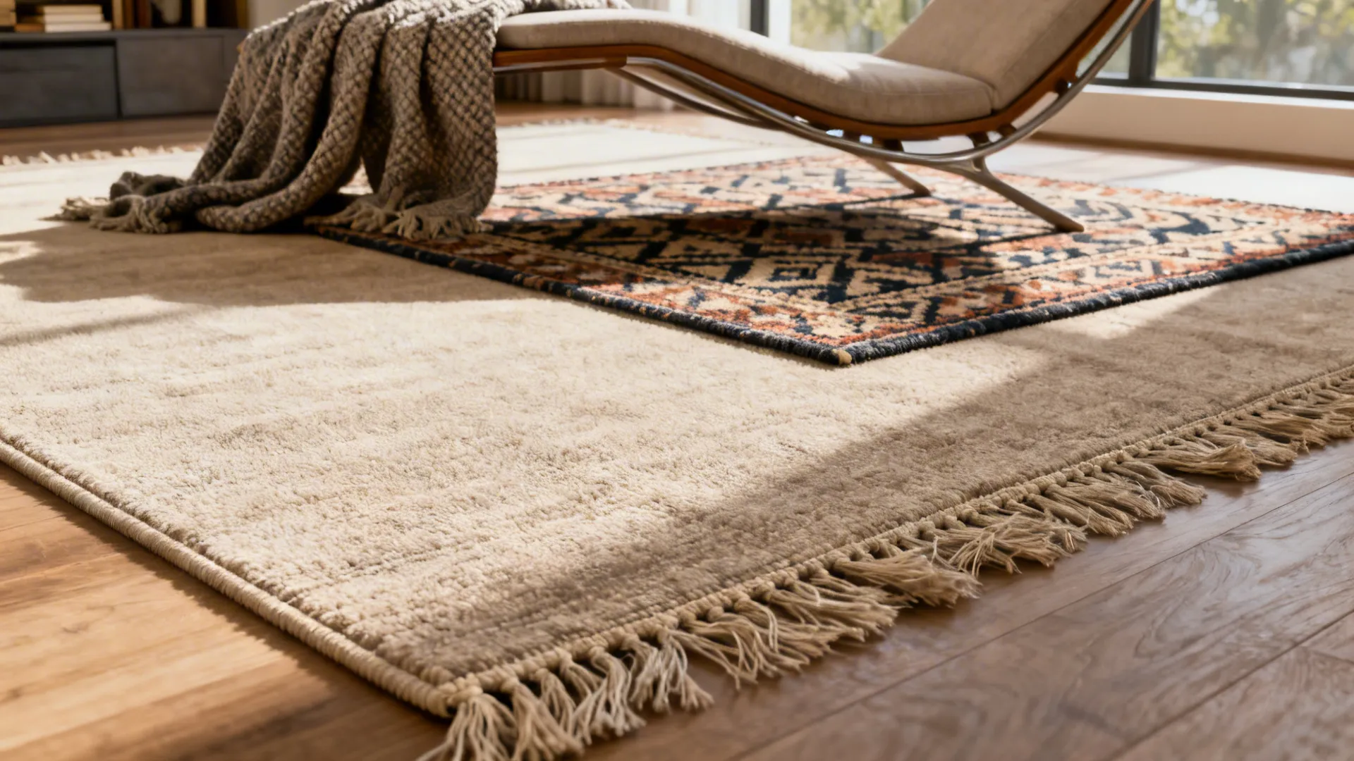 Layered rugs in a reading nook with a patterned rug over a neutral base to add texture and zone the space.
