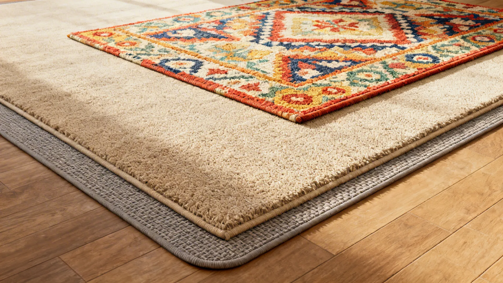 Layered rugs: a large neutral base rug with a smaller patterned rug on top for depth and color.