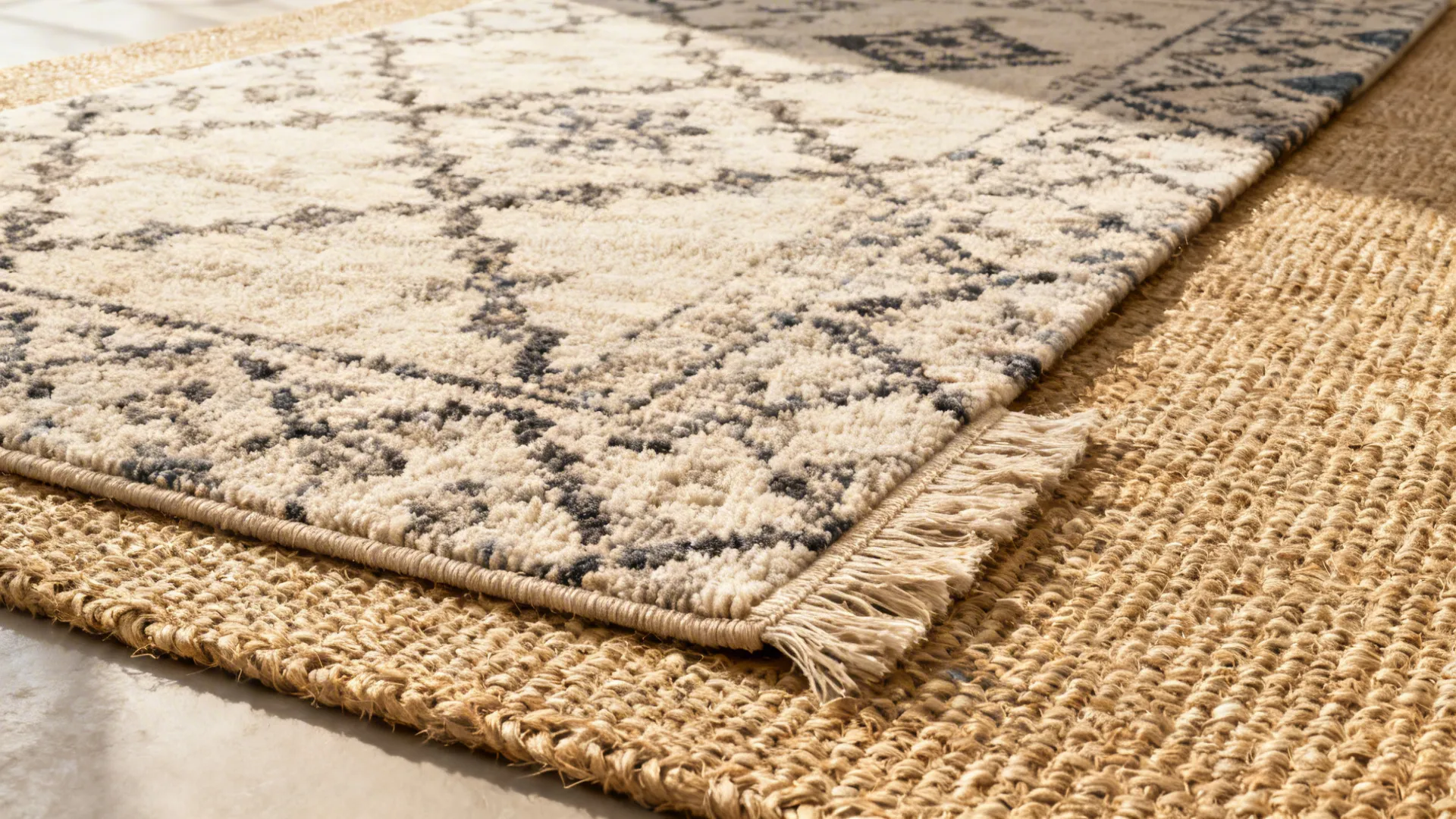 Layered rugs showing a neutral jute base with a smaller patterned rug on top, highlighting texture and scale.
