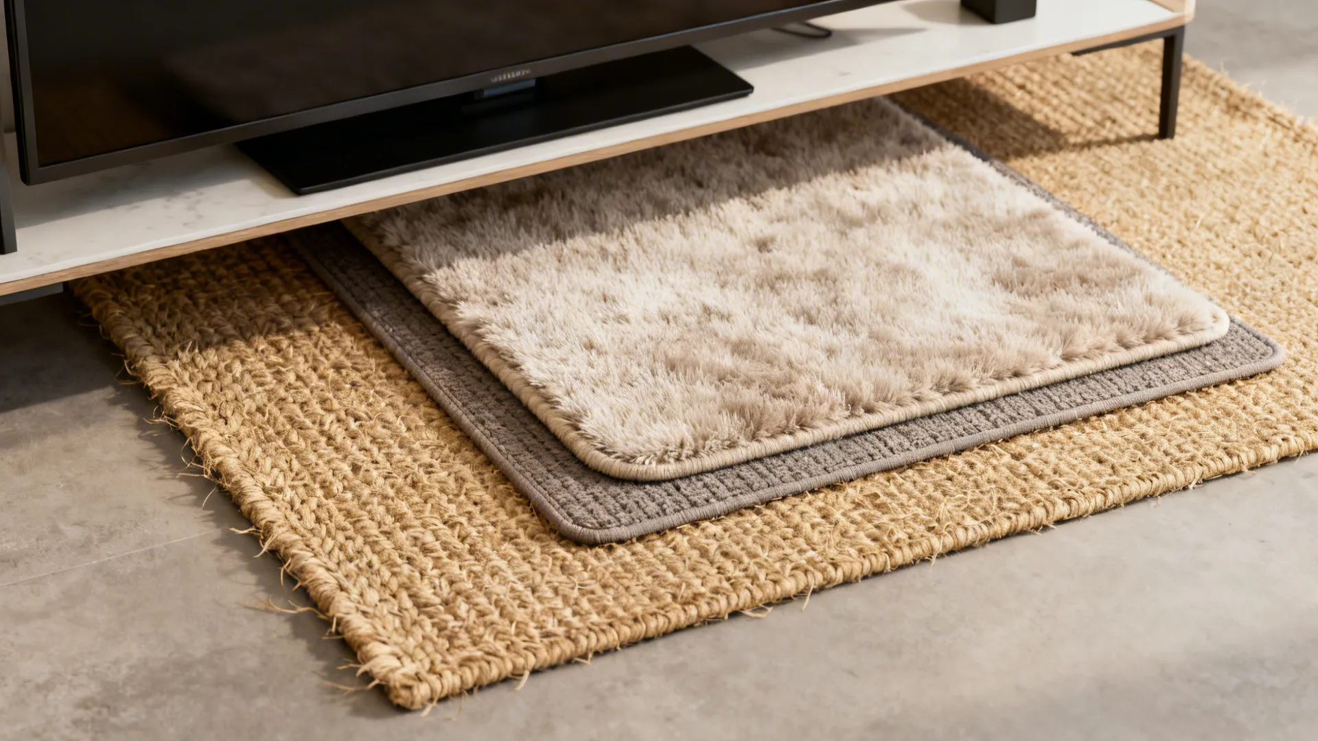 Three layered rugs with different textures including woven jute and fluffy fabric under white cabinet
