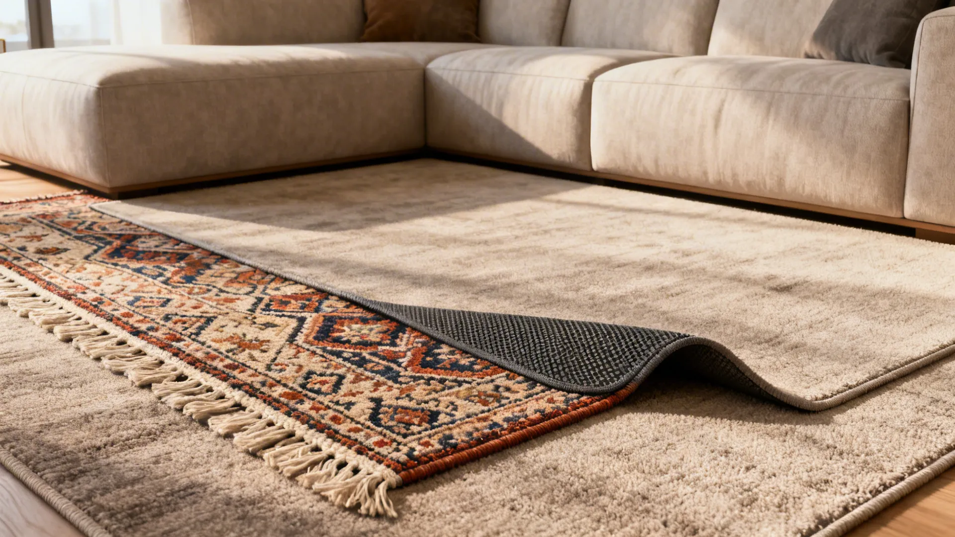 Layered rugs showing a patterned smaller rug under a larger neutral rug in front of an L-shaped sectional.