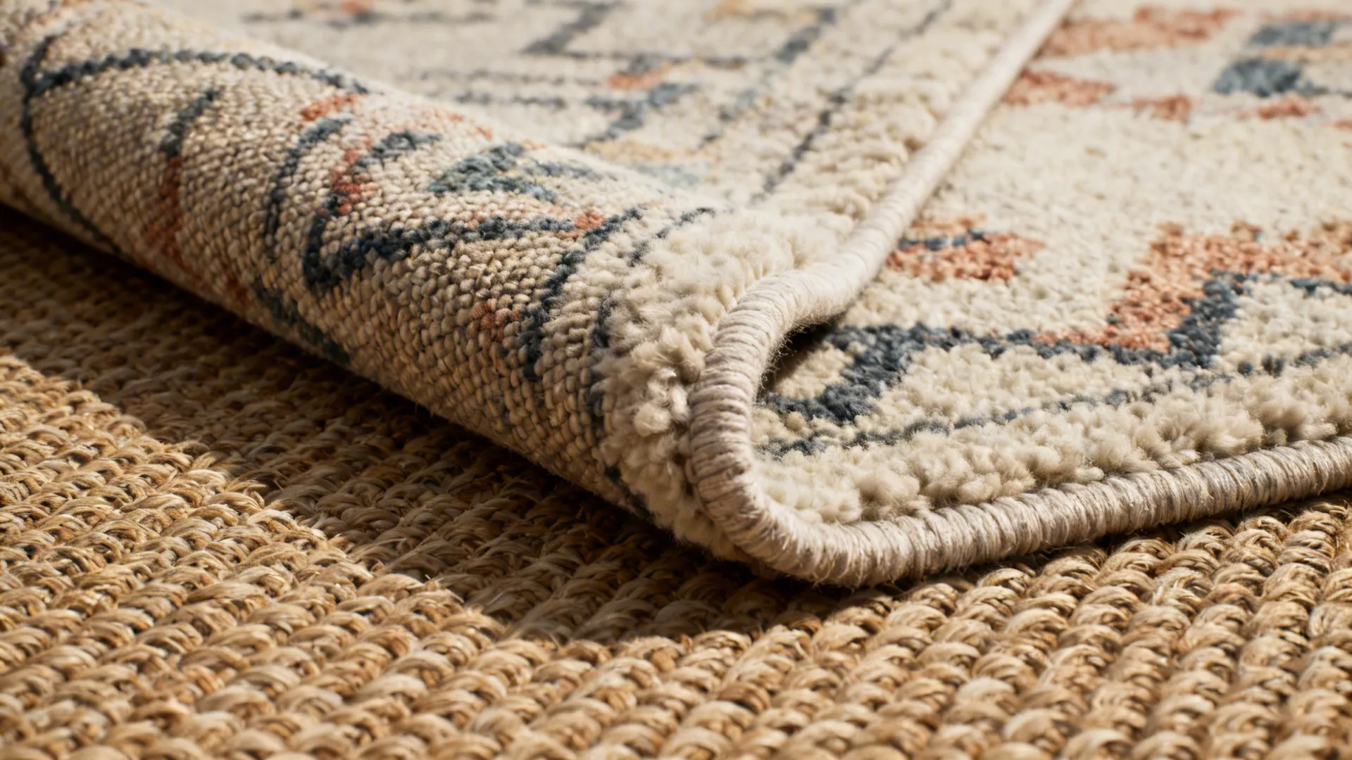 Close-up of an indoor-outdoor flatweave layered under a softer wool rug showing texture contrast