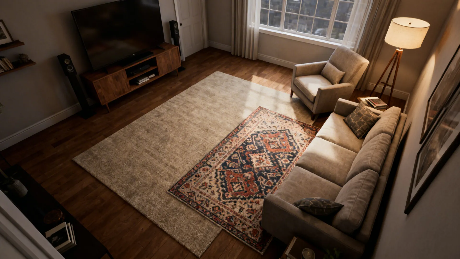 Layered rugs defining lounge and reading zones in a compact living room.