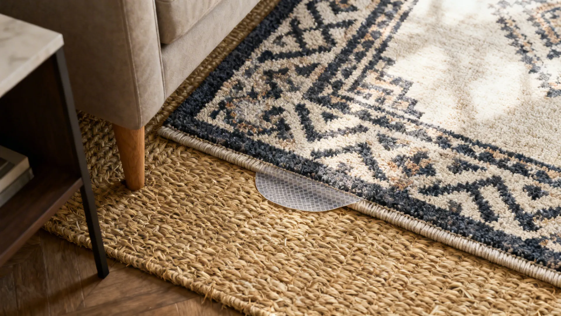Close up view of patterned blue rug layered over woven rug showing clear rug gripper pad