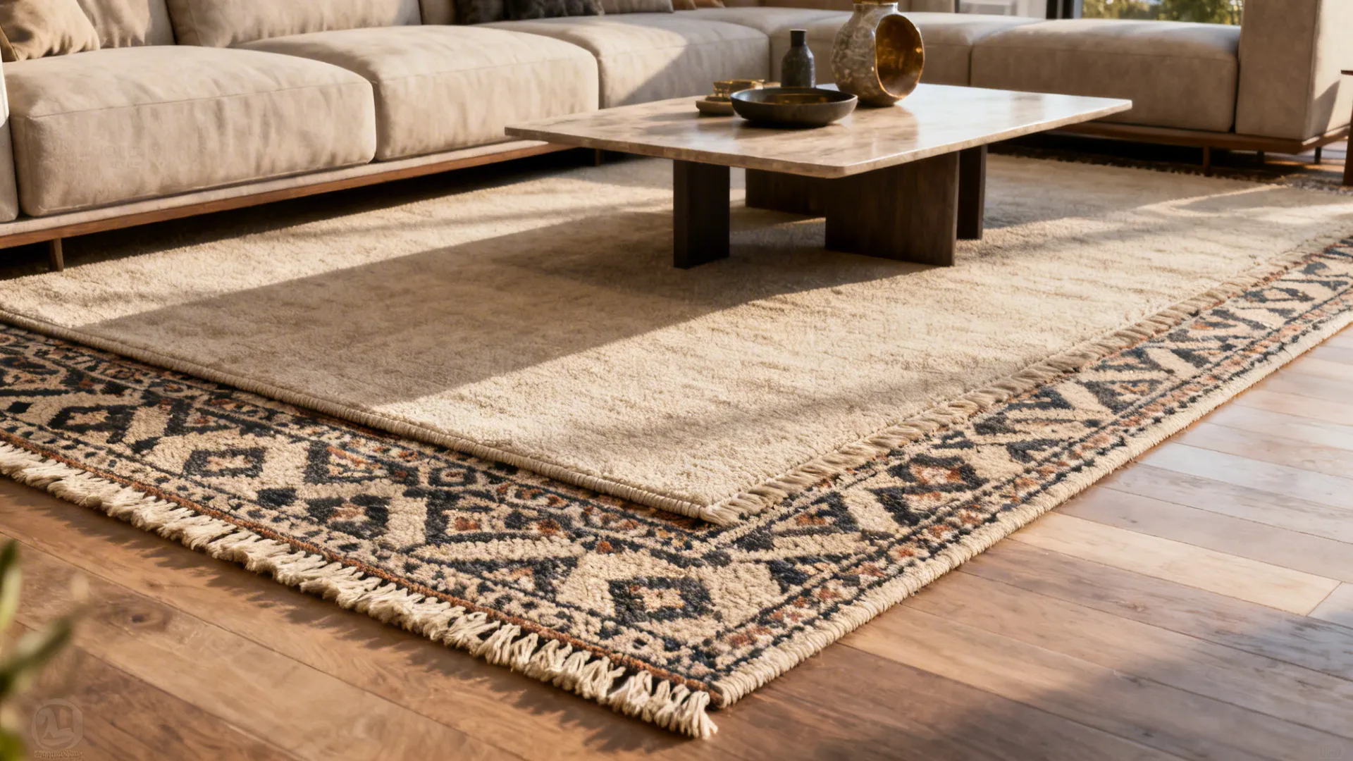 Layered rugs with a patterned top rug over a neutral foundation under a sectional