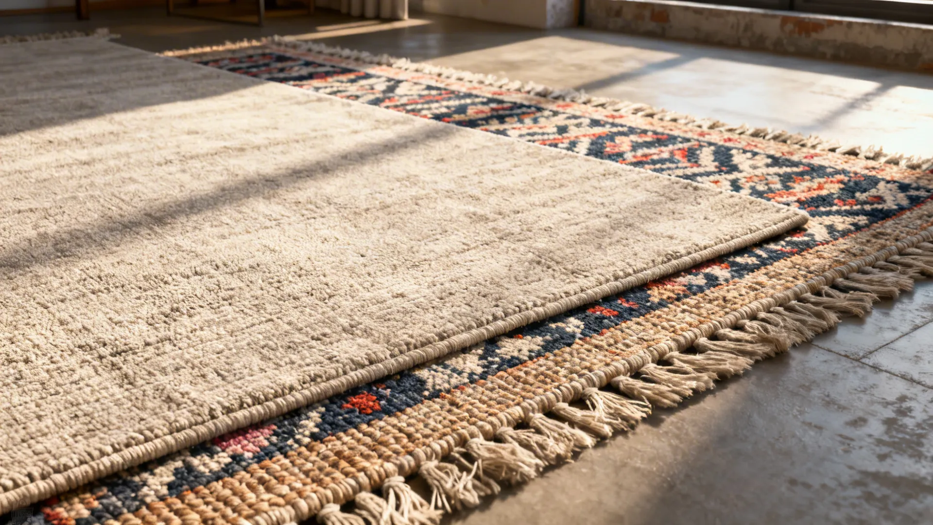 4. Layered Rugs (texture-rich and forgiving)