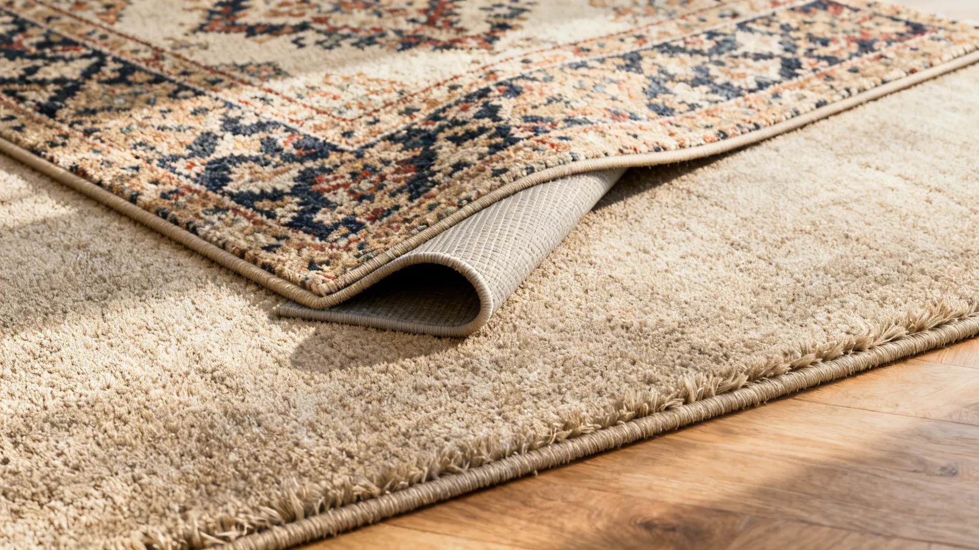 Close-up of a layered rug setup with a patterned rug over a larger neutral rug showing texture and a rug pad.