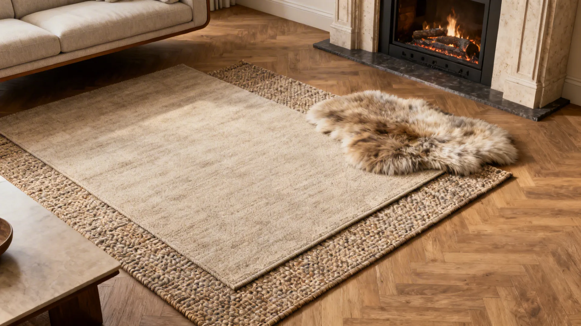 Layered rugs and a sheepskin defining a cozy hearth zone in front of a corner fireplace.