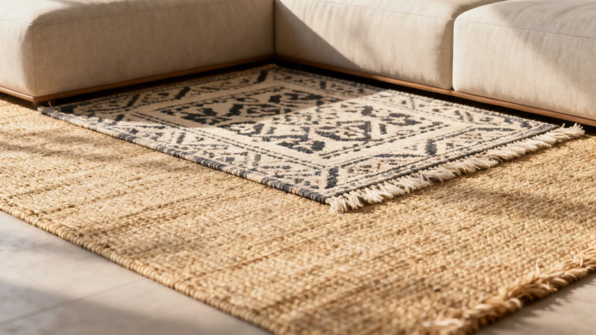 Layered natural-fiber base rug with a patterned rug on top adding texture and scale