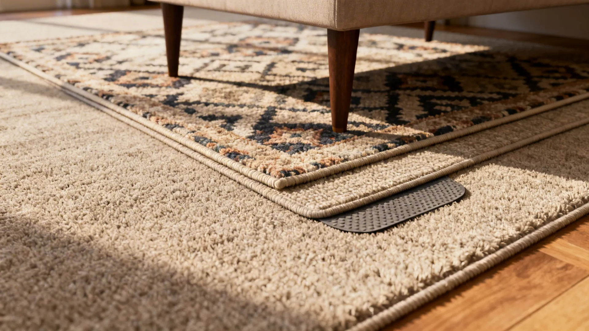 Layered rugs showing a patterned small rug over a larger neutral rug with visible texture and weave.