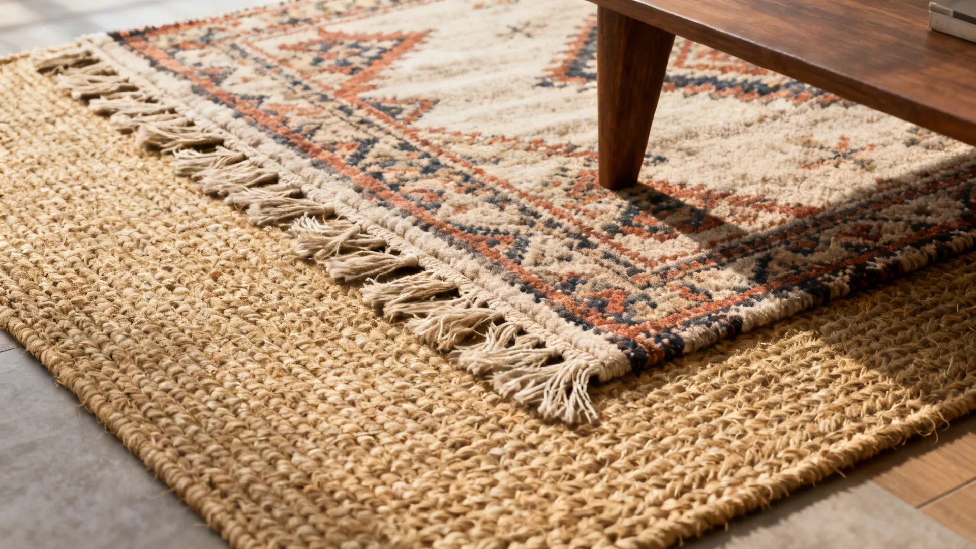 Patterned rug with fringe layered over a larger woven rug next to a wooden table
