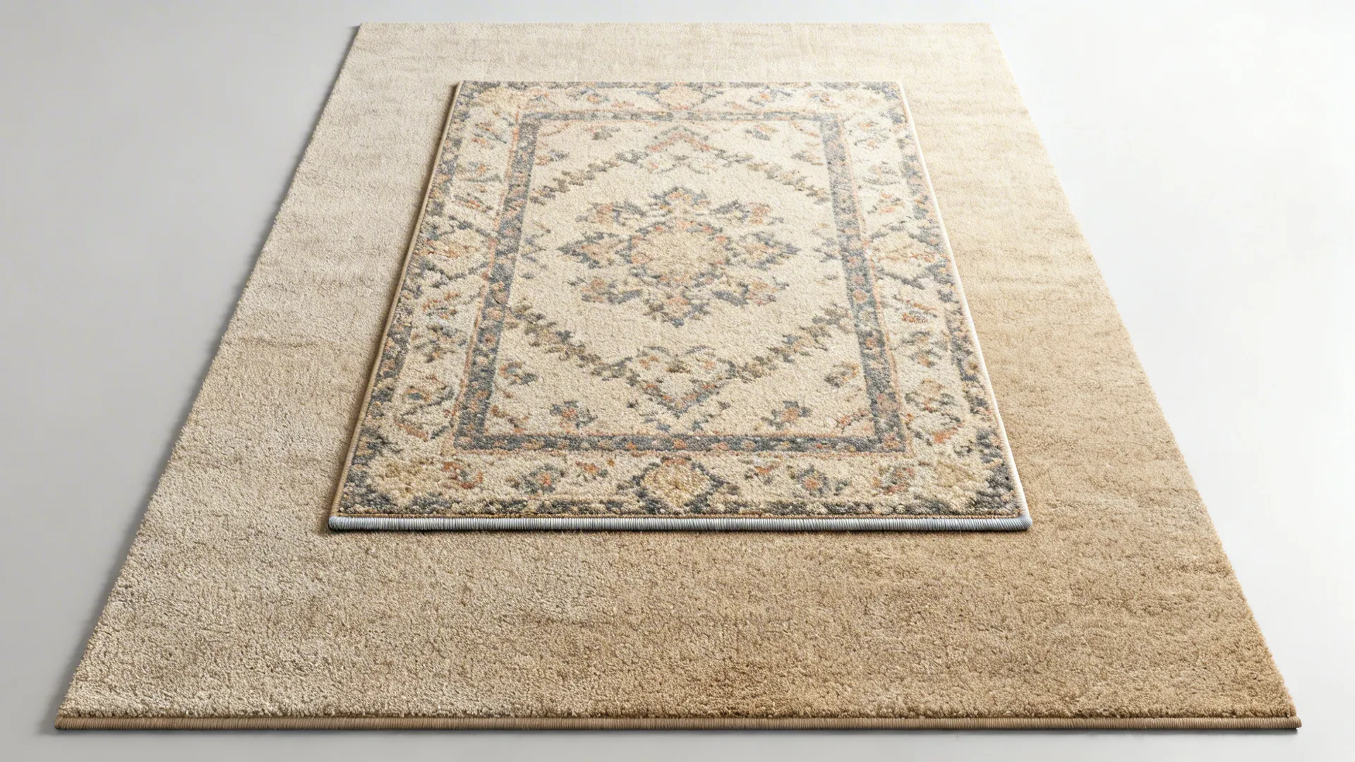 Top-down view of a neutral base rug layered with a smaller patterned rug showing textures and pad