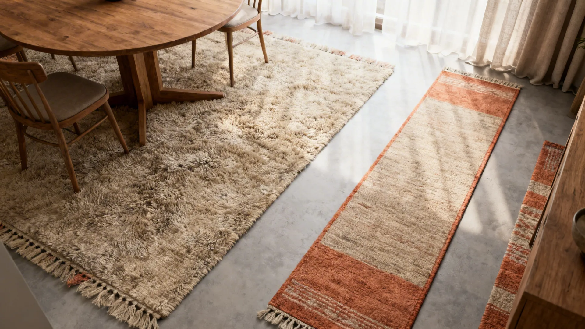 Shaggy rug and orange runner layered on concrete floor under a round wooden dining table