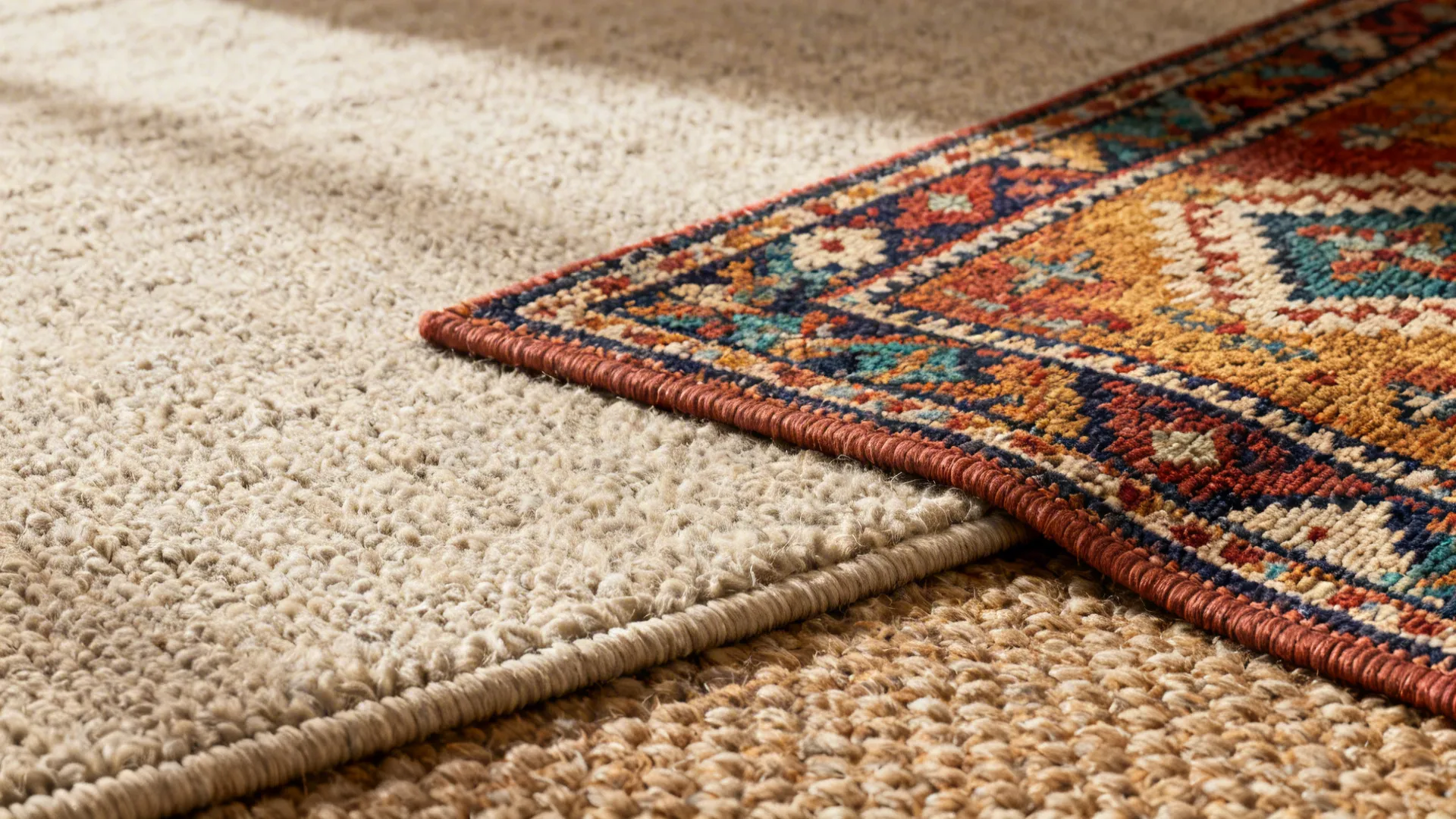 Layered rugs: a patterned rug placed over a neutral base rug showing texture contrast.