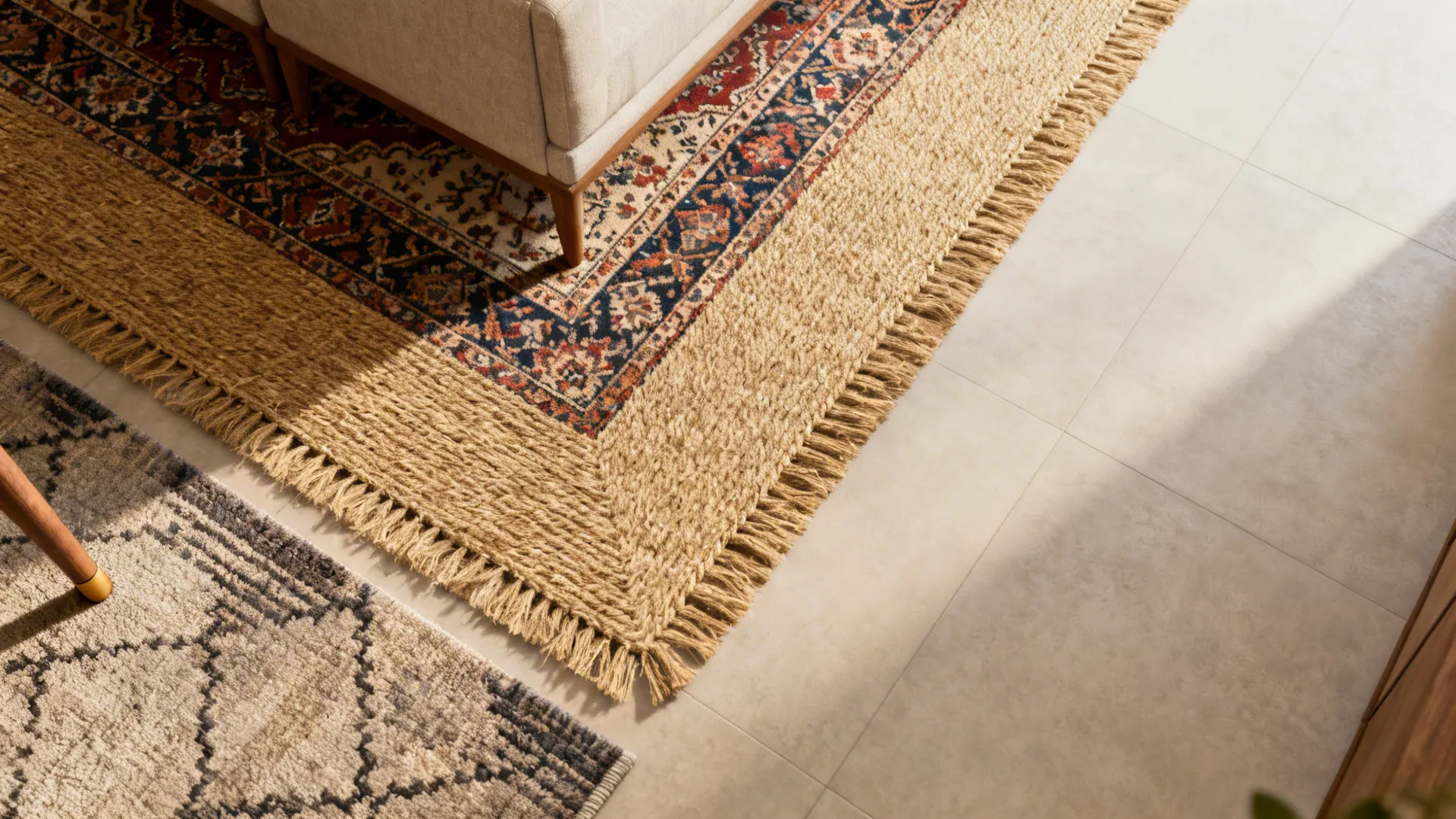 Top-down view of a Persian rug layered with a jute runner anchoring a seating area