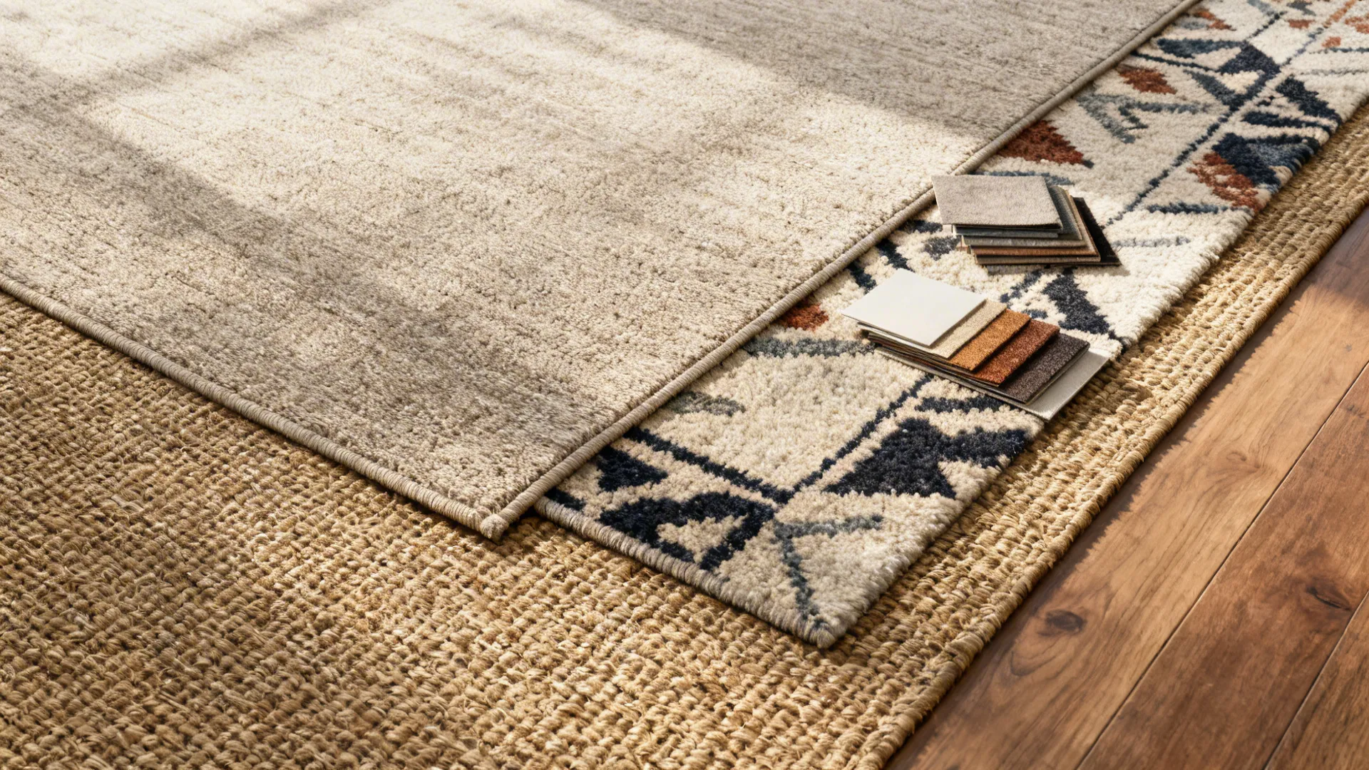 Layered floor rugs with different patterns and textures shown with small fabric samples on wood