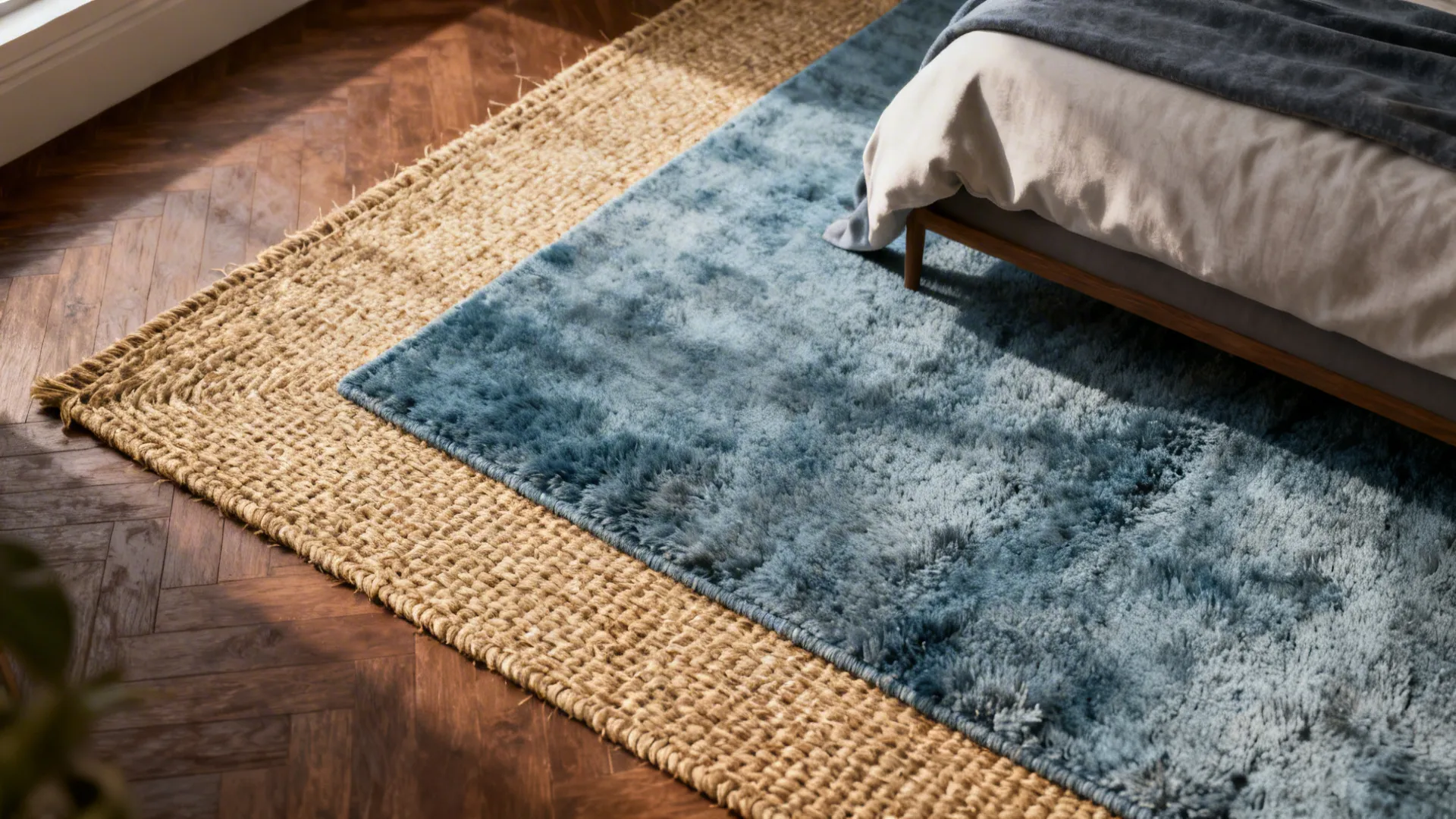 Layered jute and muted blue rugs defining a bedroom sleeping zone