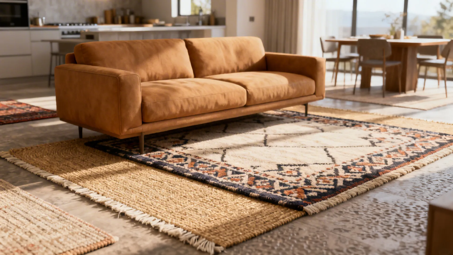 Open-plan living area with a tan sofa and layered jute and patterned rugs defining the seating zone.