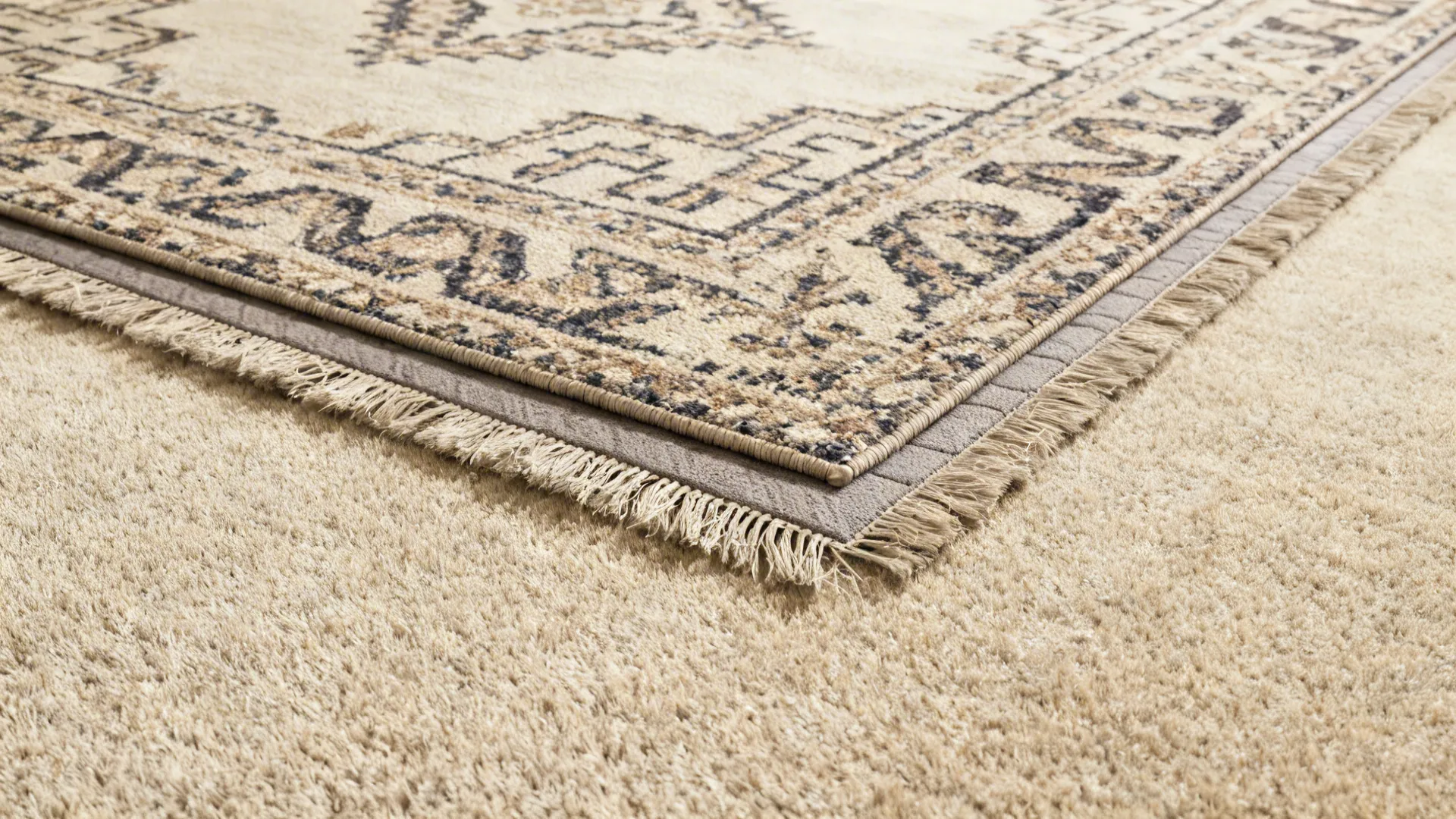 Layered rugs showing a patterned 6x9 rug on top of a neutral 10x12 wool base with visible pad.