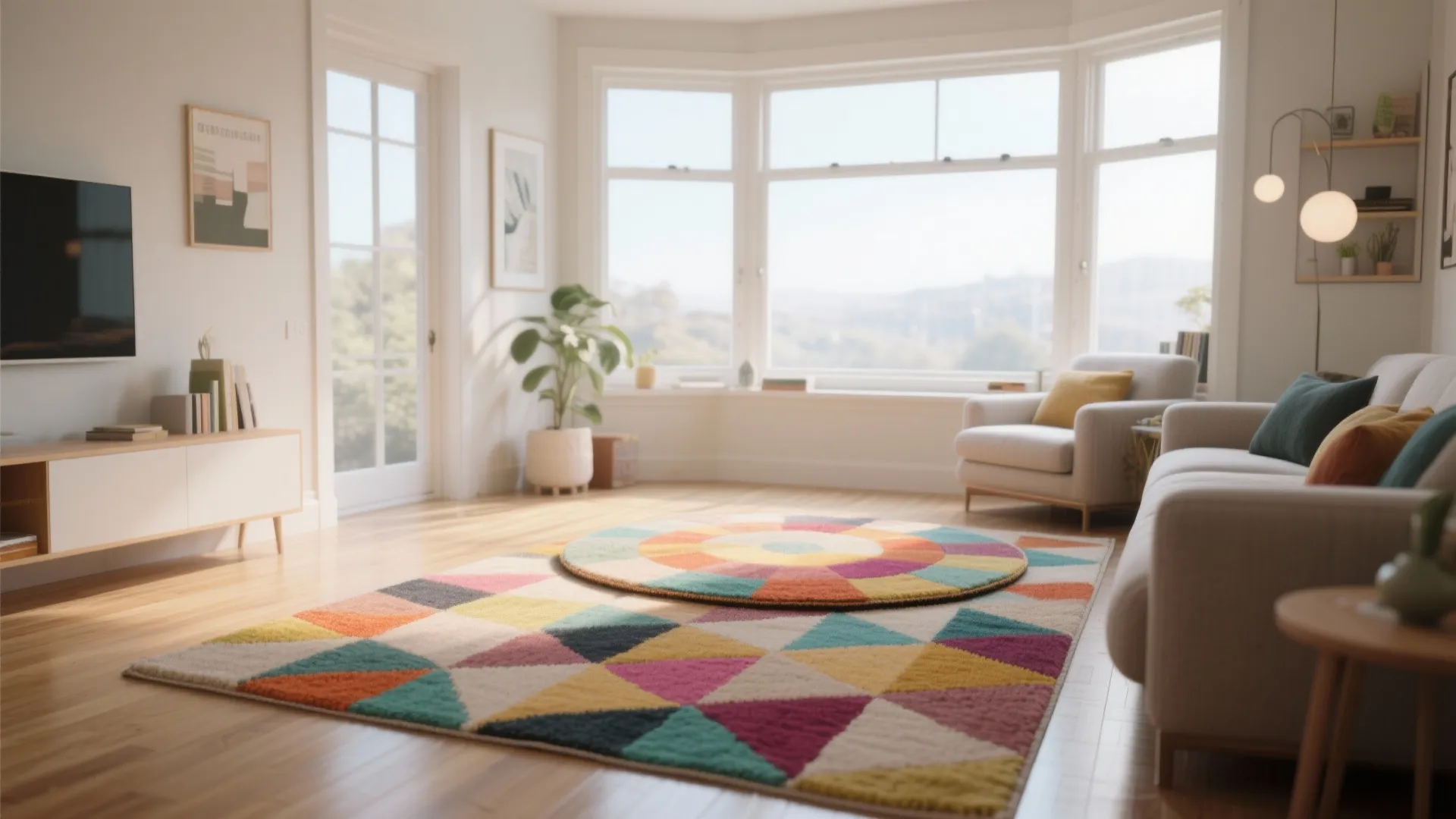 Bright living room with colorful triangle pattern rug layered under round rug near bay window