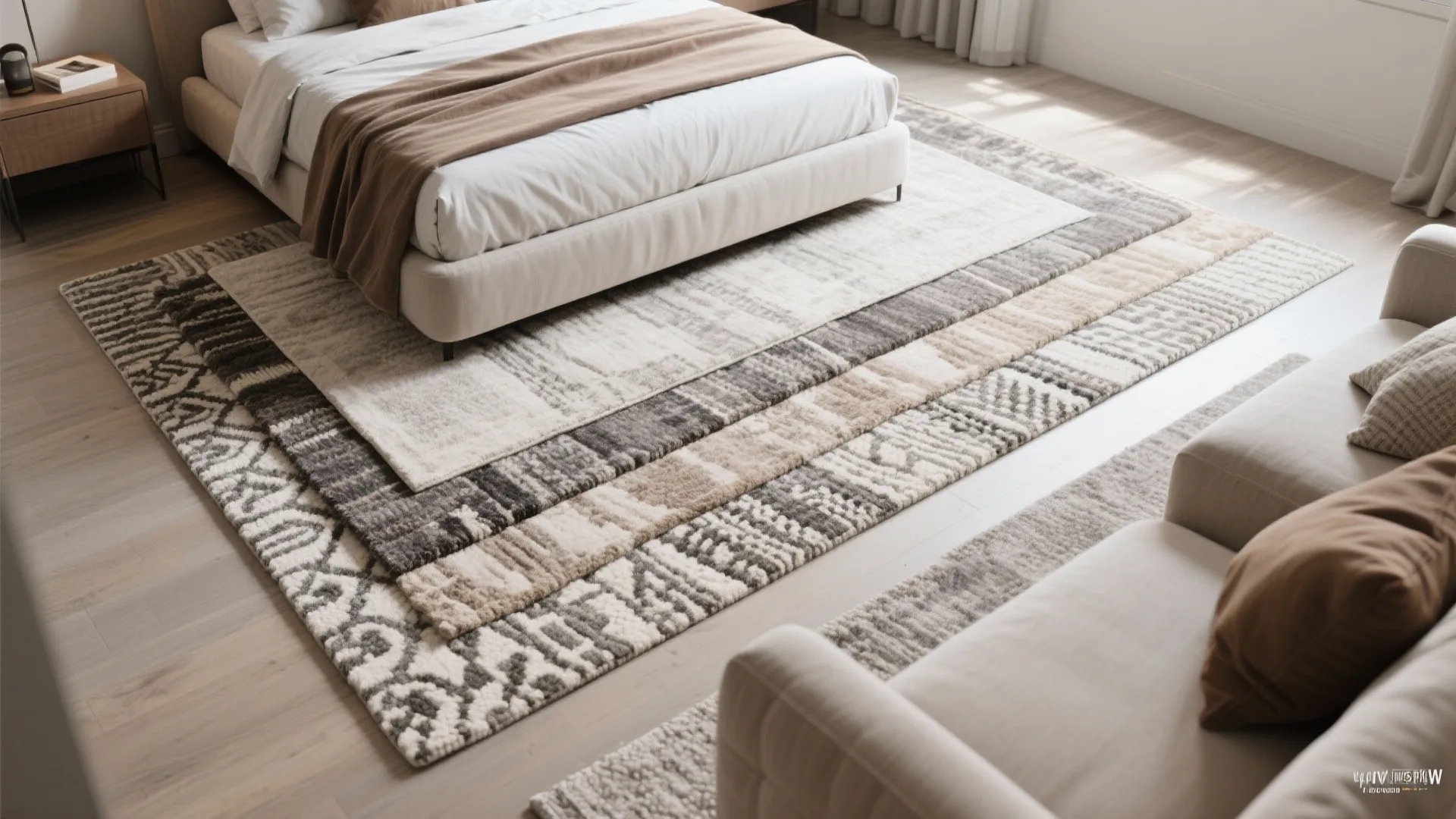 Modern bedroom featuring layered rugs with different patterns and textures under a large white bed
