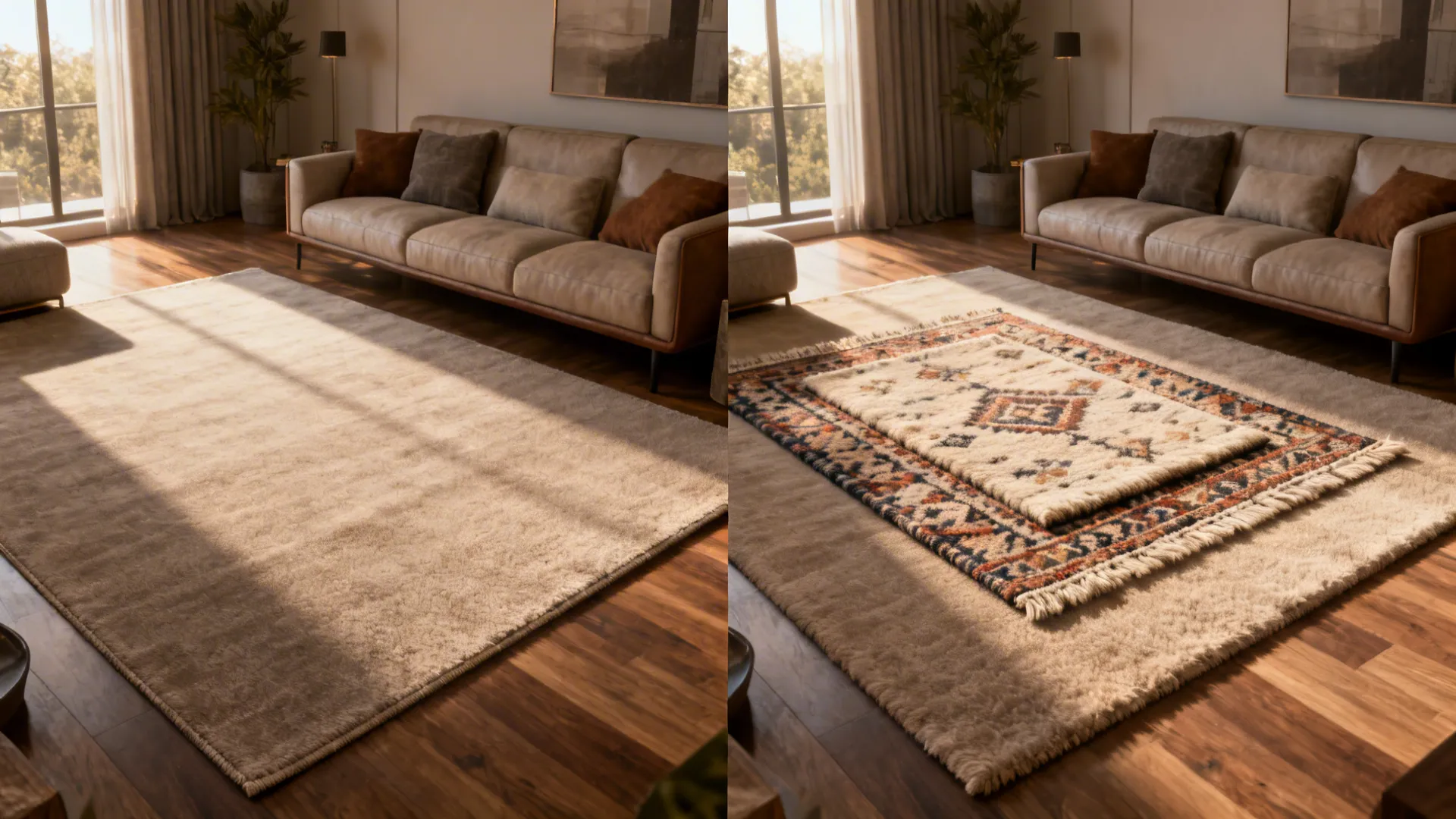 Before and after of a living room showing the effect of layered rugs for added texture