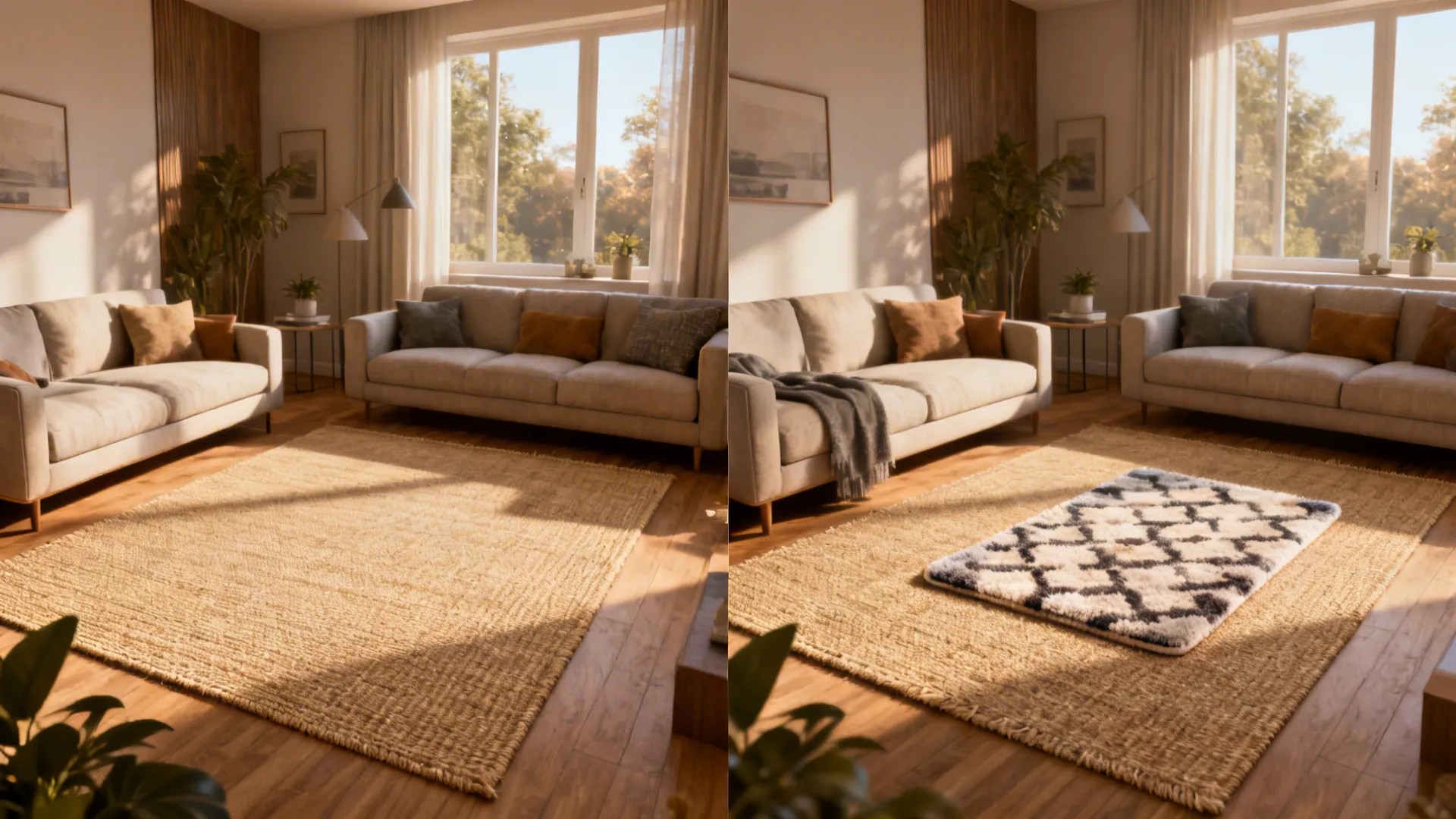 5. Layered rugs: sisal base + small plush accent