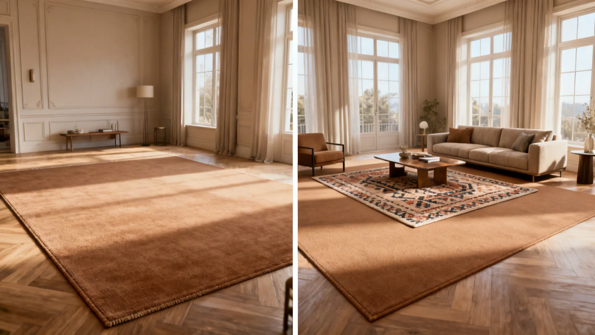 Before and after: layering a patterned rug over a plain light brown rug to add depth.