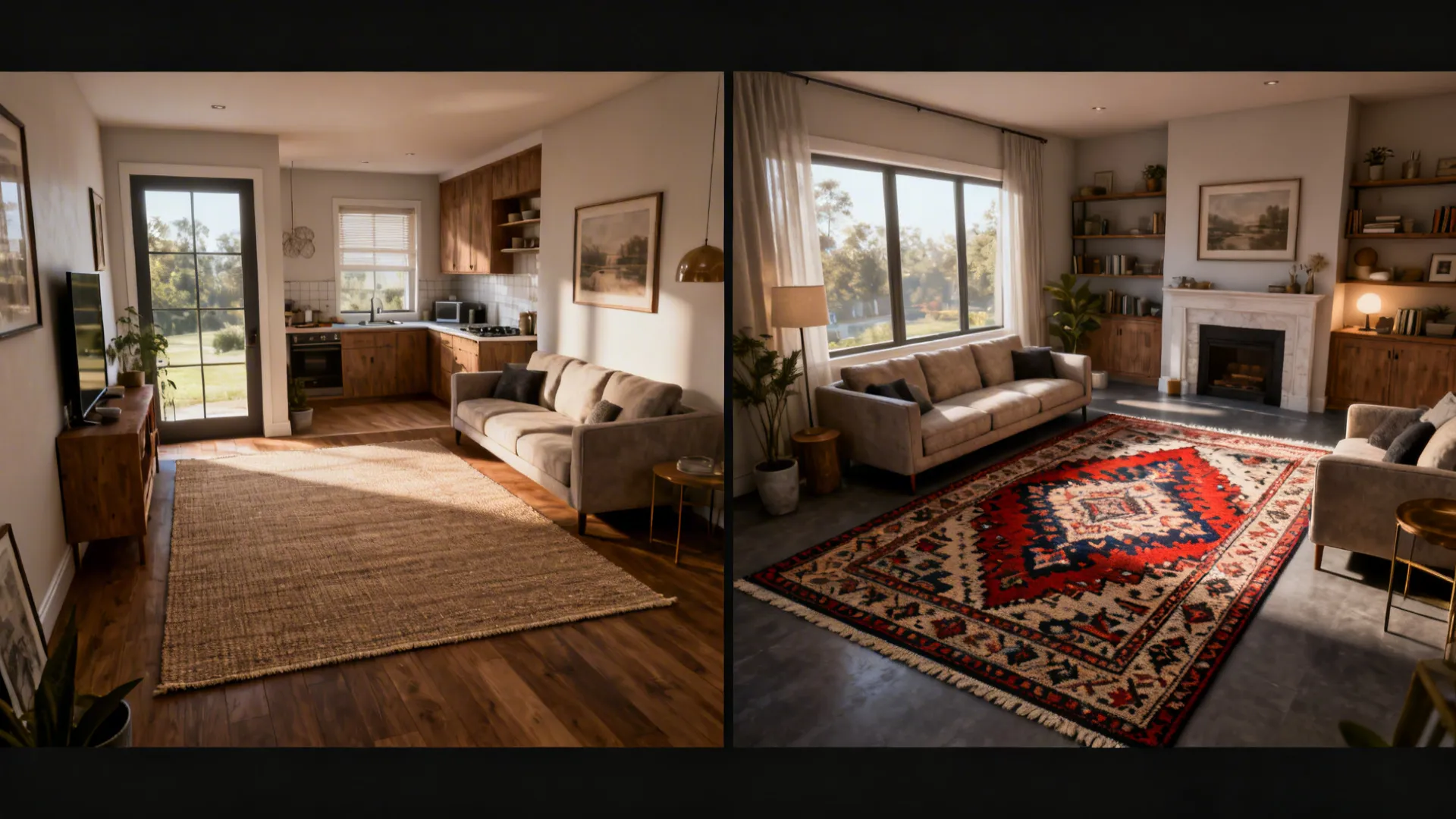 Before and after view showing the impact of layering a patterned rug over a flatweave base