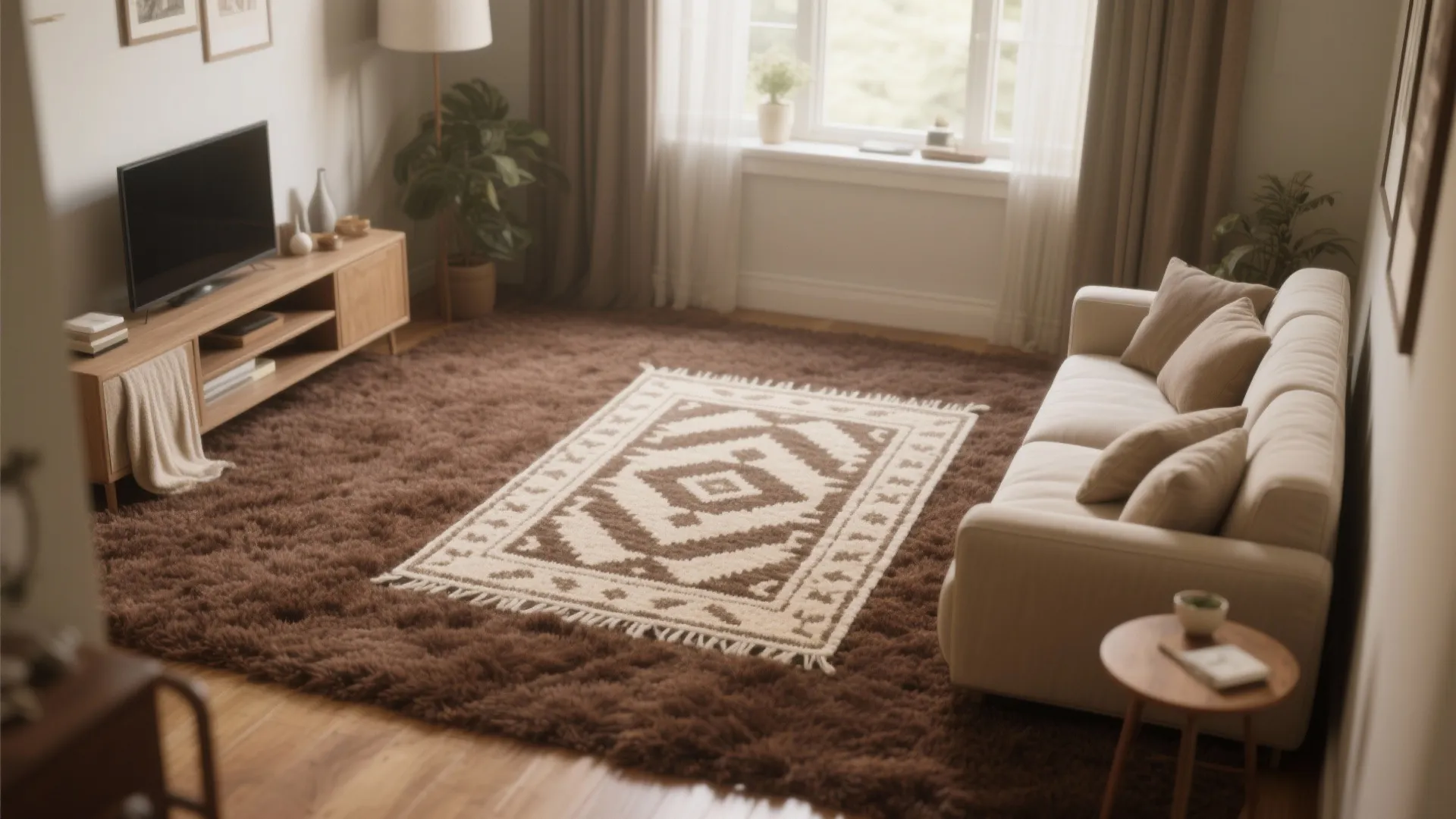 Brown carpet with a patterned rug layered on top in a small living room