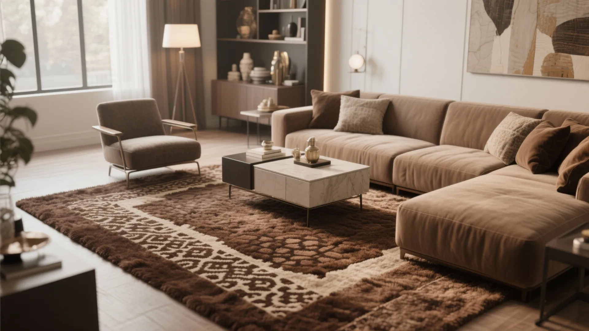 Brown carpet with patterned rug layered for style