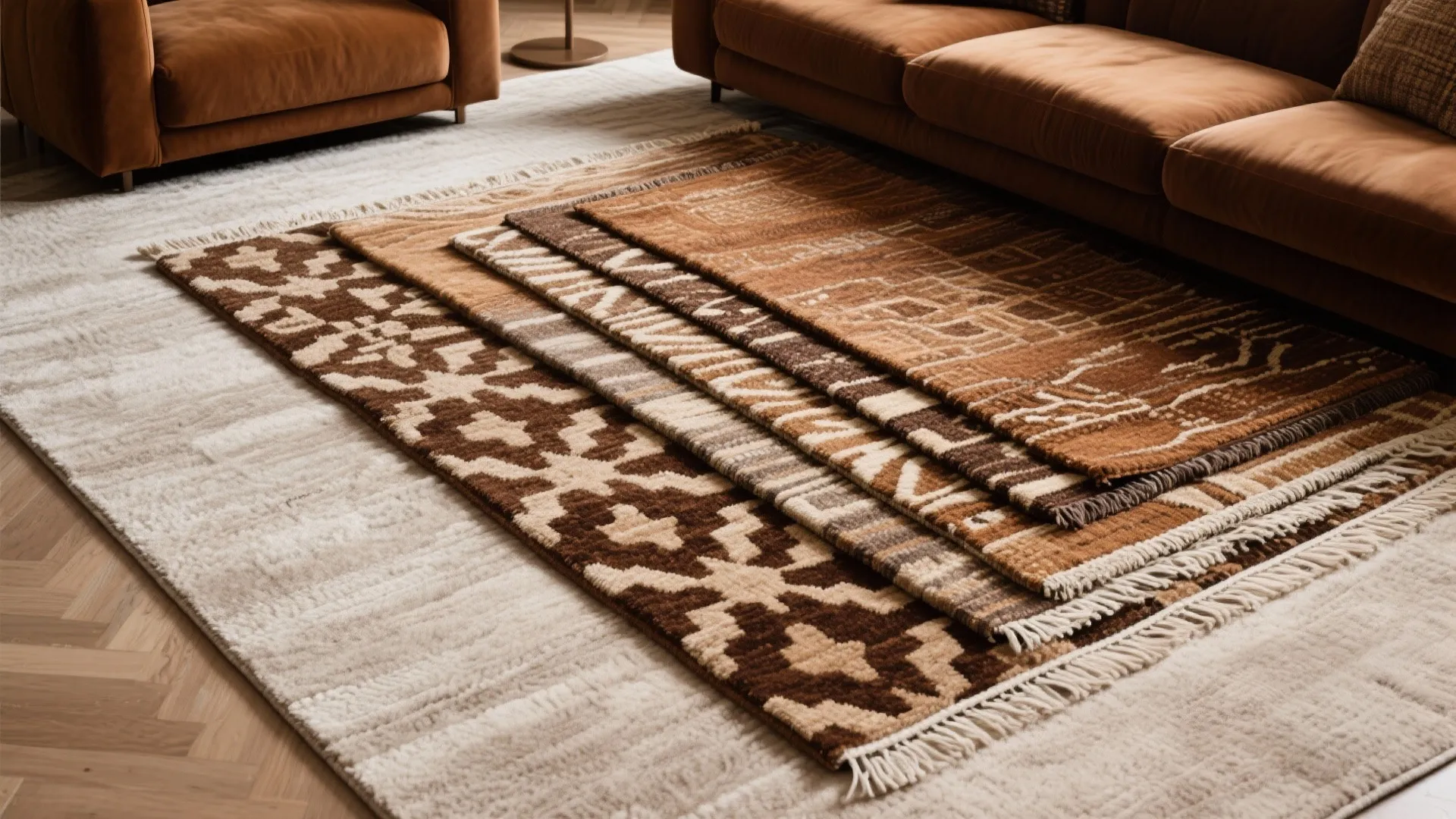 Living room floor with multiple layered brown rugs featuring different geometric patterns and neutral colors