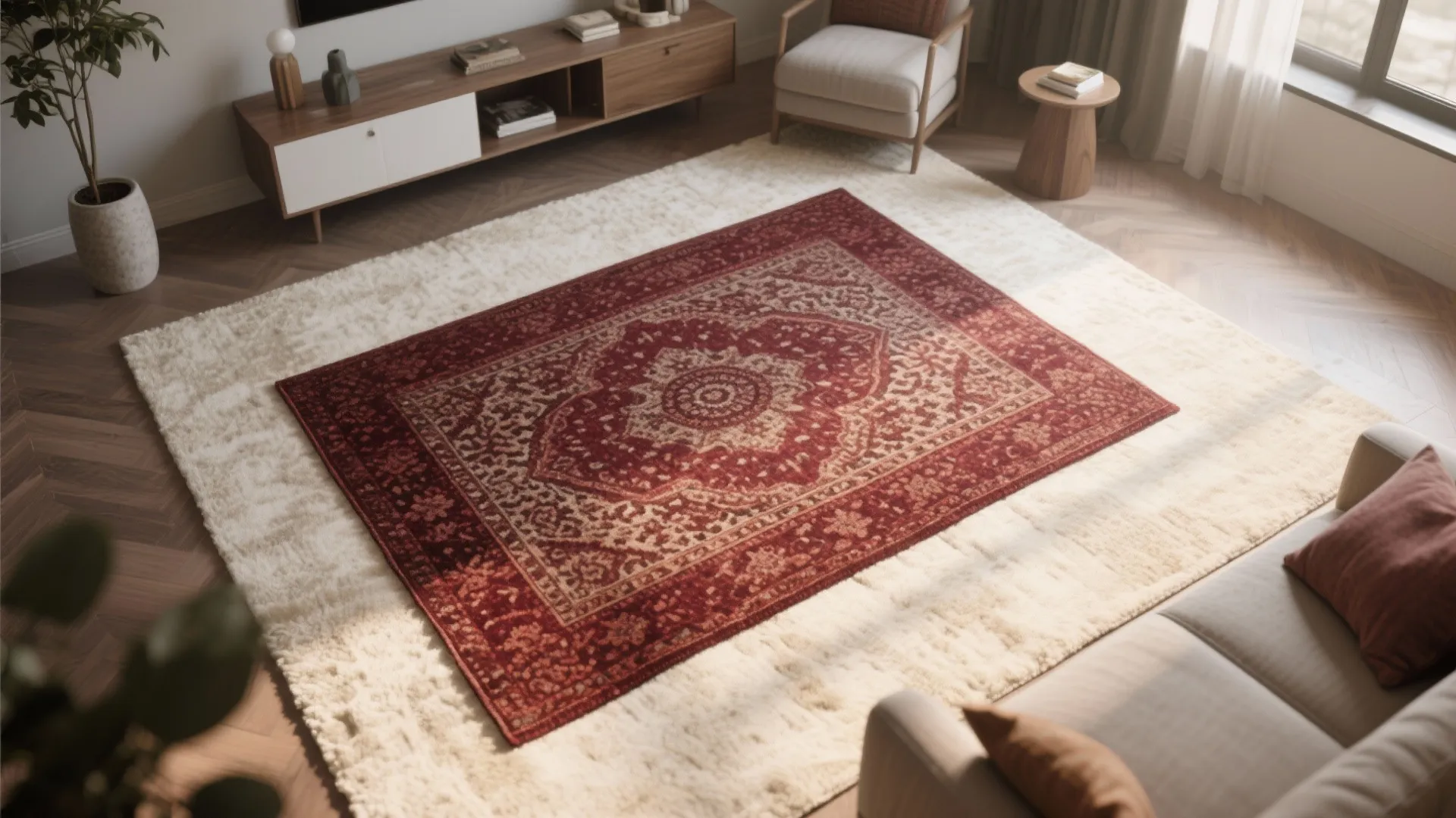 3. Layered Rugs in Burgundy and Neutral Tones